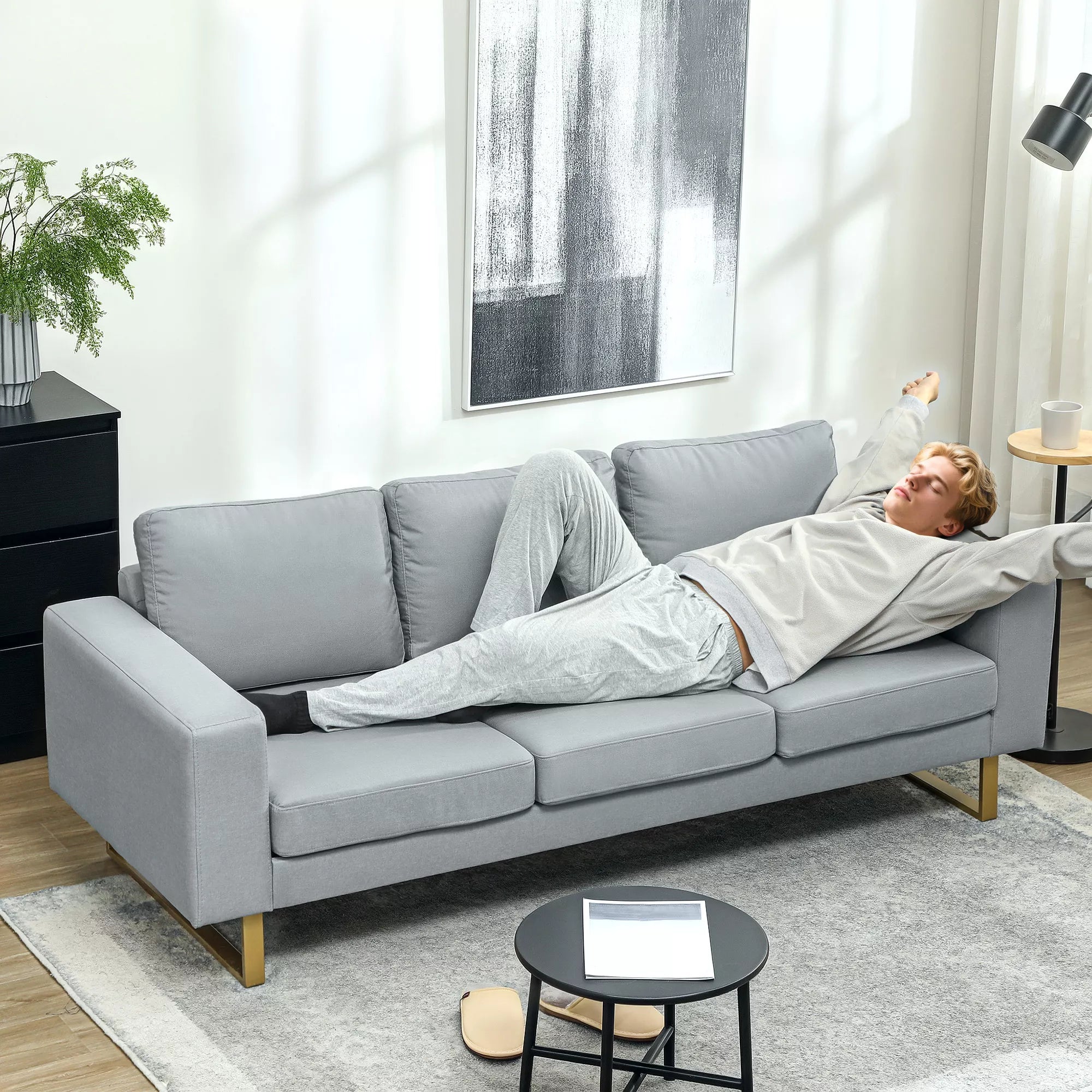 3 vietų sofa, su medinio masyvo rėmu, metalinėmis kojomis, paprastas dizainas, šviesiai pilka