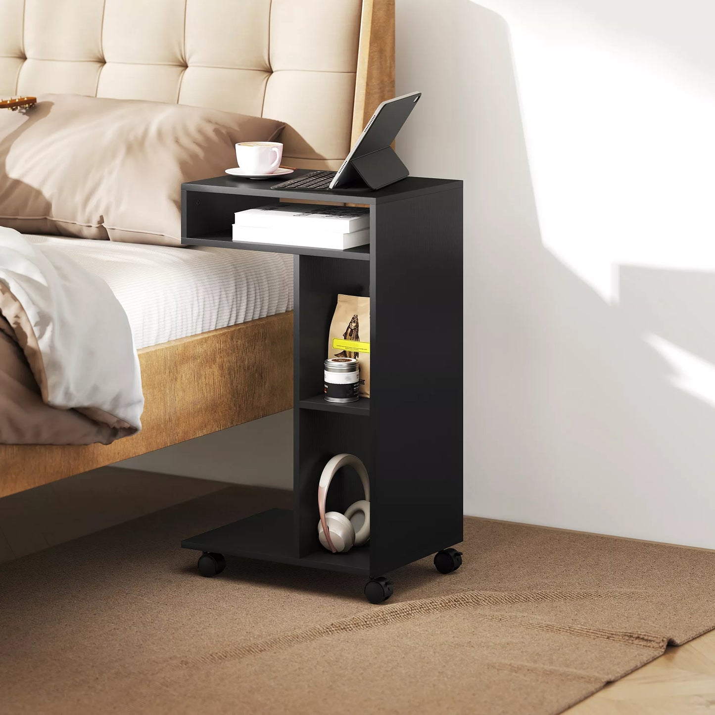 Stalinis staliukas, C formos serviravimo vežimėlis, 4 ratukai, 3 lentynos, 40 x 30 x 69 cm, juodas