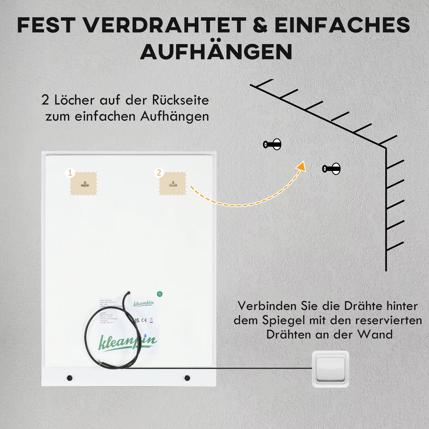 Vonios veidrodis su LED apšvietimu, 3 šviesos spalvos, apsaugos nuo rasojimo funkcija, laidinis, 70 x 50 cm
