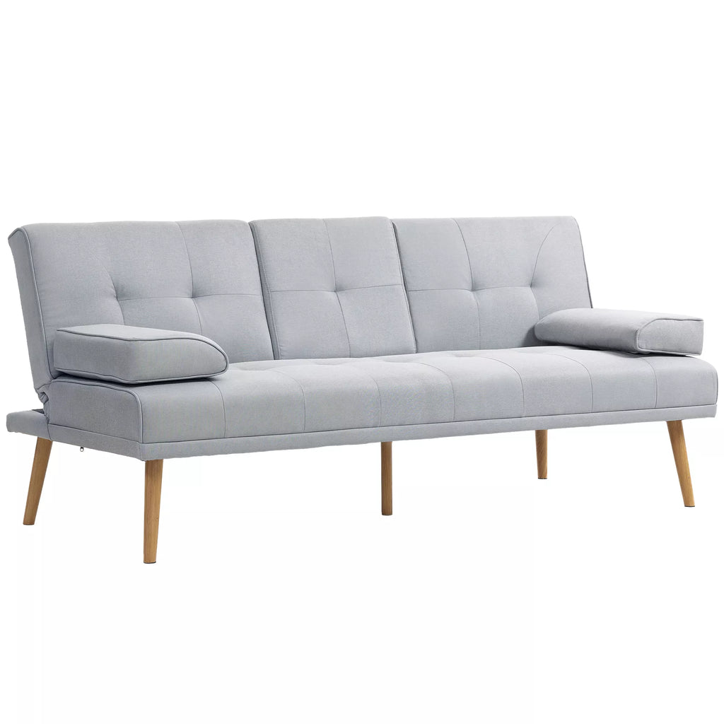 Miegamasis sofos, 3-vietė sofa, miegamasis sofos su atlenkiamu stalu, puodelių laikiklis, lino išvaizdos miegamasis sofos, svetainės svečių sofa, šviesiai pilkos spalvos