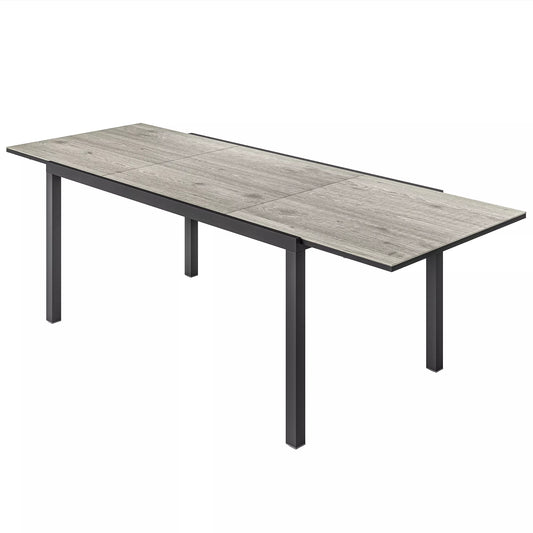Ištraukiamas valgomojo stalas 6–8 asmenims, reguliuojamas lauko stalas iš aliuminio, plieno, plastiko, medžio imitacijos, pilkos spalvos