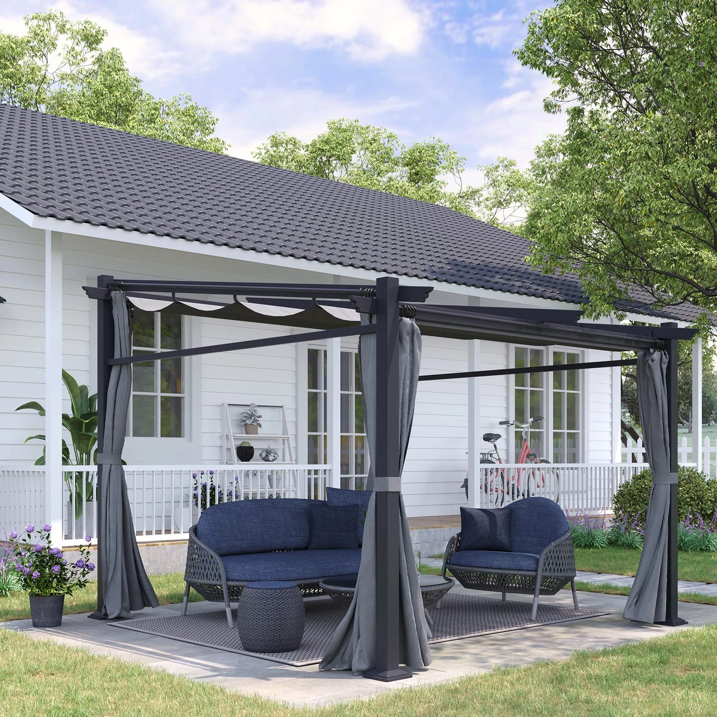 Pergola, įskaitant tvirtinimo medžiagas, ištraukiamas stogas, 2,97 m x 2,95 m x 2,3 m, tamsiai pilka