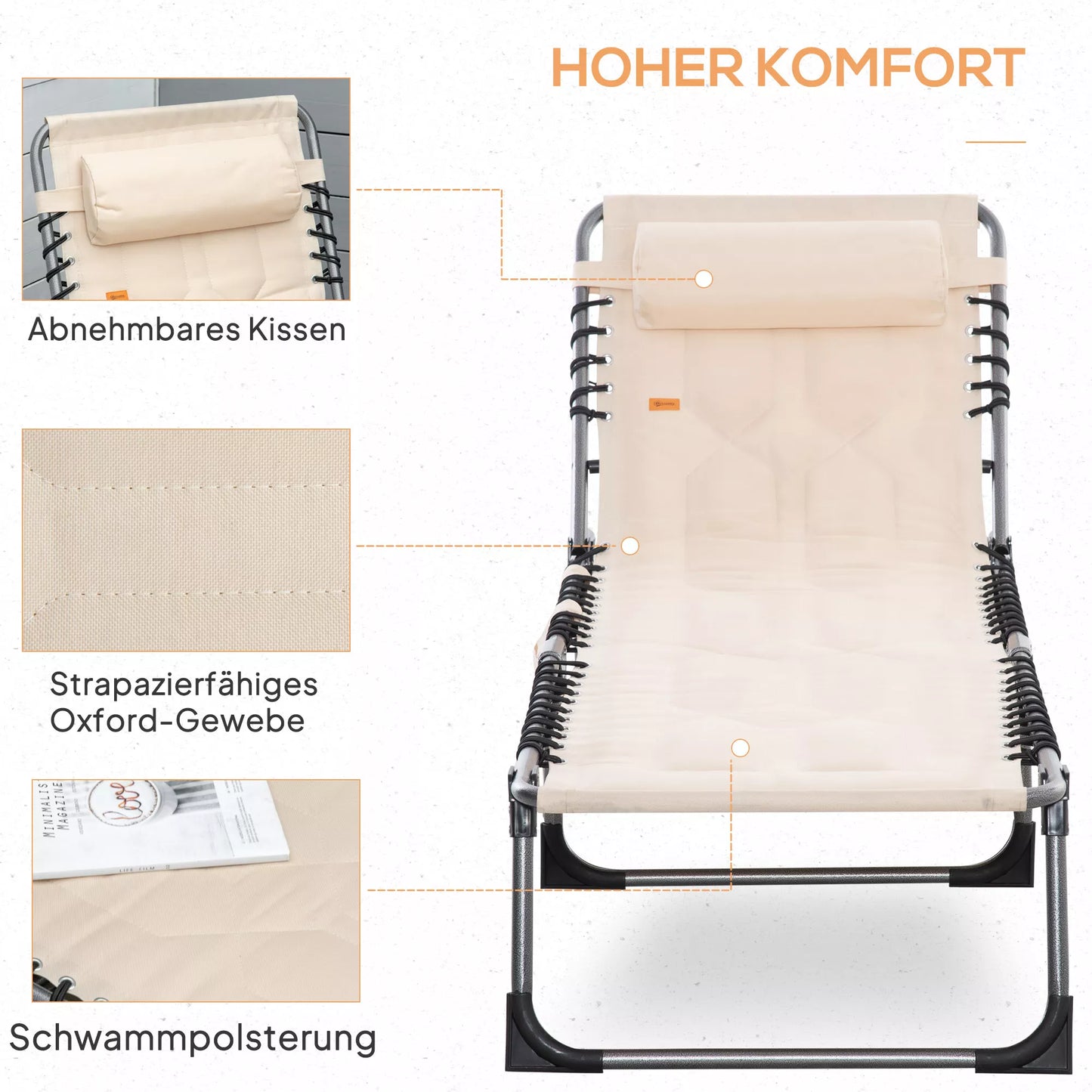 Saulės gultas, sulankstomas sodo gultas, sulankstomas gultas su pagalvėmis, 5 pakopų atlošas, oksfordo audinys, 188 x 57 x 30 cm, smėlio spalvos