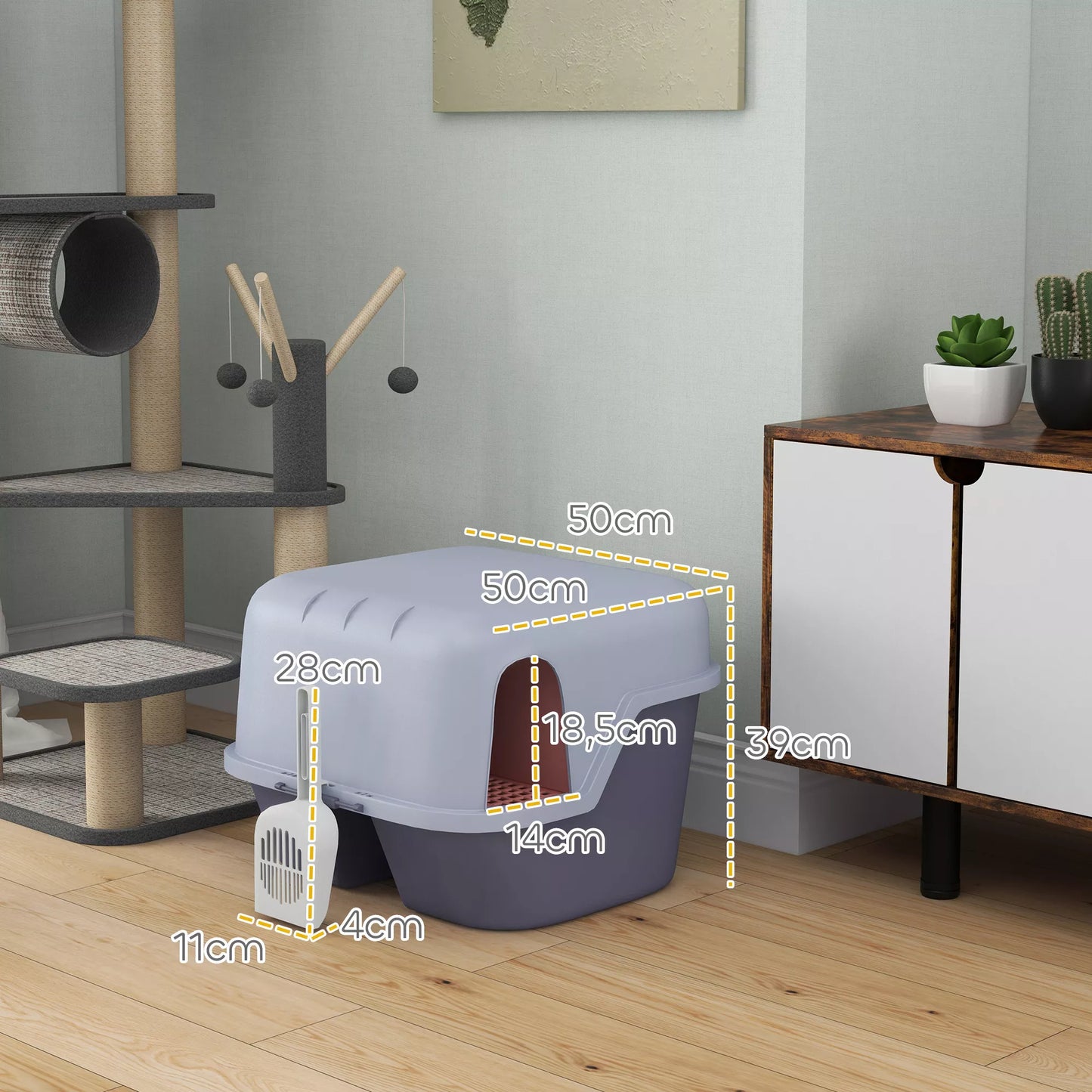 Katės tualetas, katės dėžutė su dangčiu ir semtuvu, lengvai valoma, užrakinama, violetinė