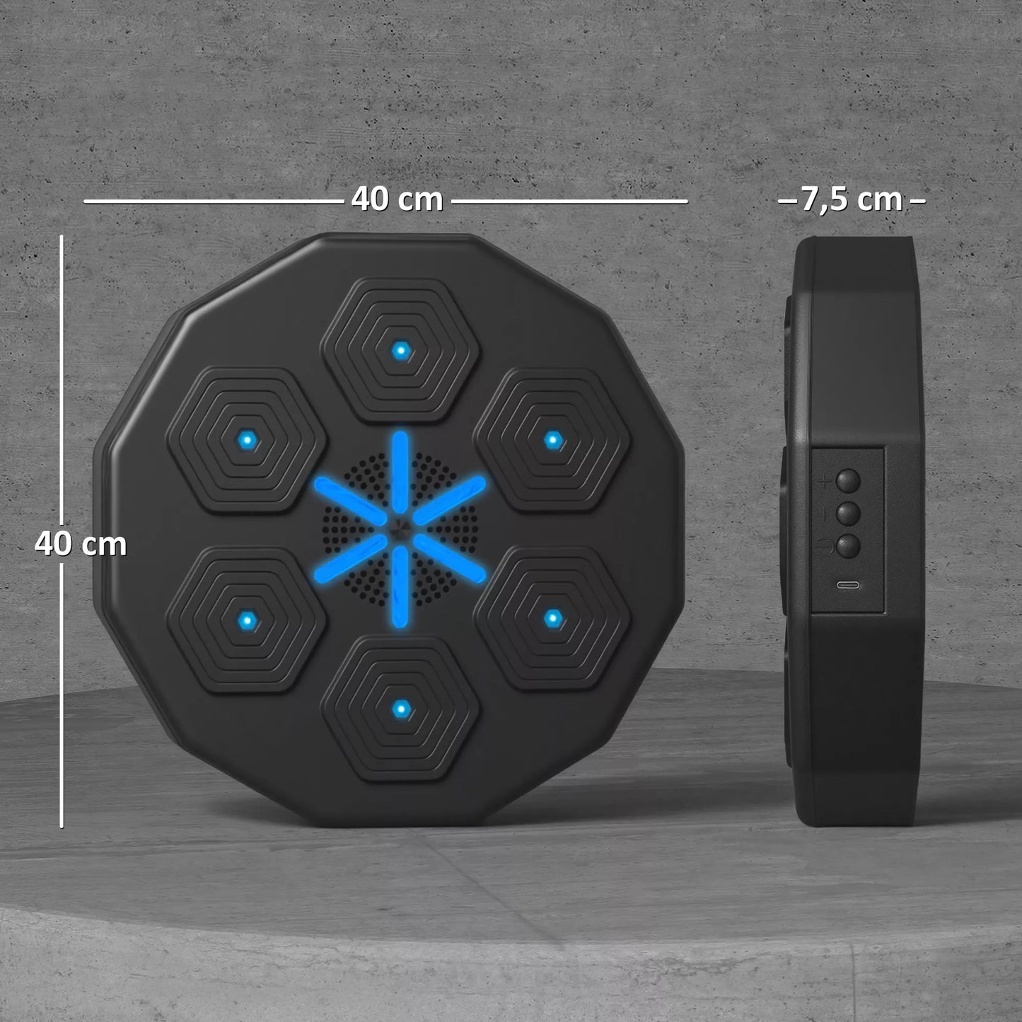 Bokso treniruoklis su muzikos funkcija, Bluetooth, šviečiančiais taškais, tvirtinimu prie sienos, dirbtine oda, juodas