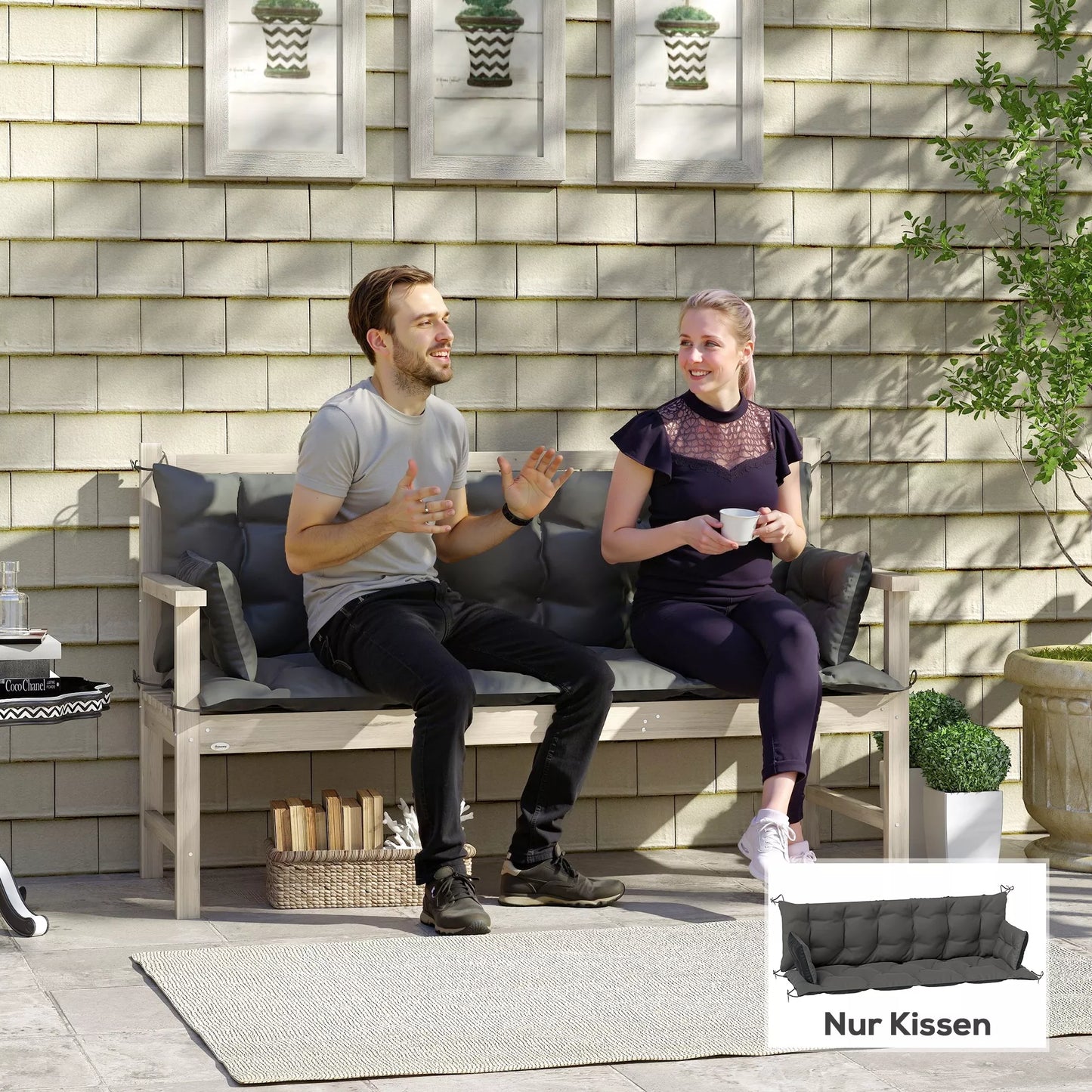 Lauko pagalvių komplektas suoliukui arba sodo supynėms, dviejų spalvų, poliesteris, putplastis, 180 x 110 x 8 cm, tamsiai pilka