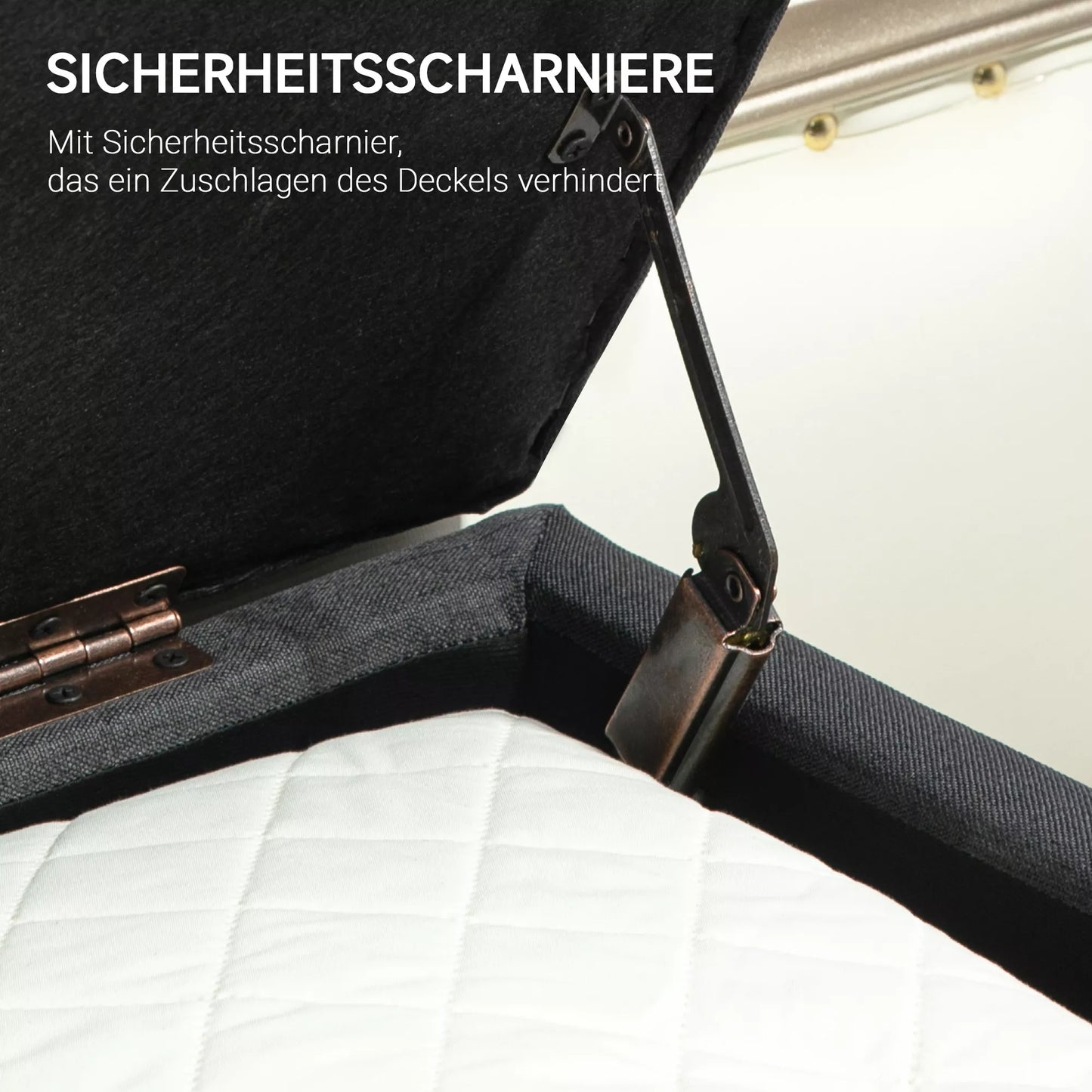 Tamsiai pilkas paminkštintas suolas su daiktadėže, 110 x 39 x 45 cm, iš kaučiukmedžio, su linine išvaizda