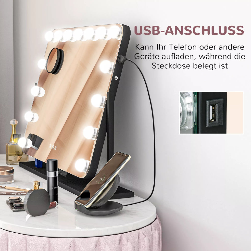LED kosmetinis veidrodis, 3 apšvietimo režimai, reguliuojamas apšvietimas, jutiklinis valdymas, USB, 62,5 x 49,5 cm, juodas
