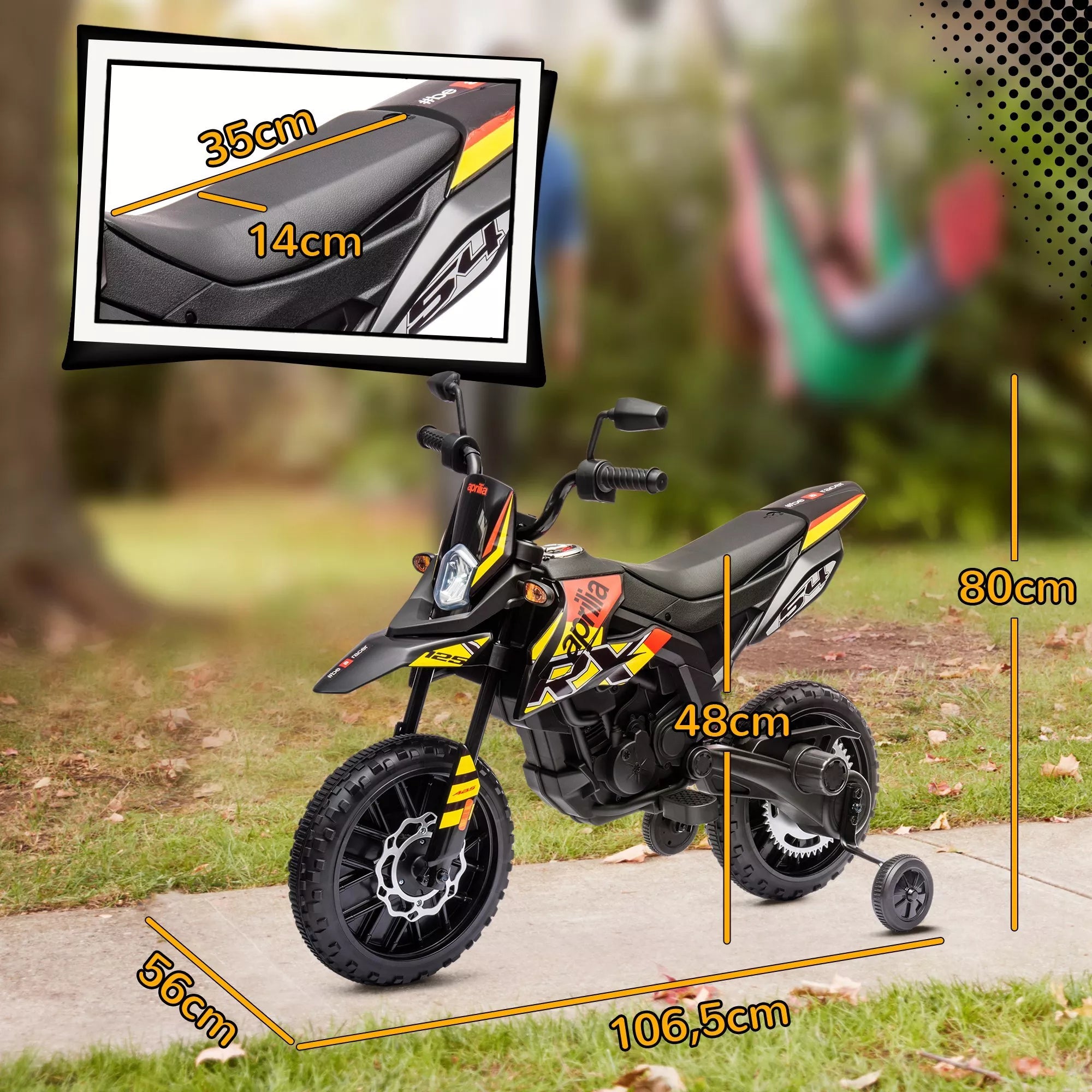 Elektrinis motociklas Aprilia vaikams 37–96 mėn., iki 30 kg, geltonas