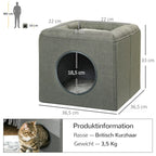 Katės guolio schema su matmenimis 36,5 ir 33 cm bei siluetu