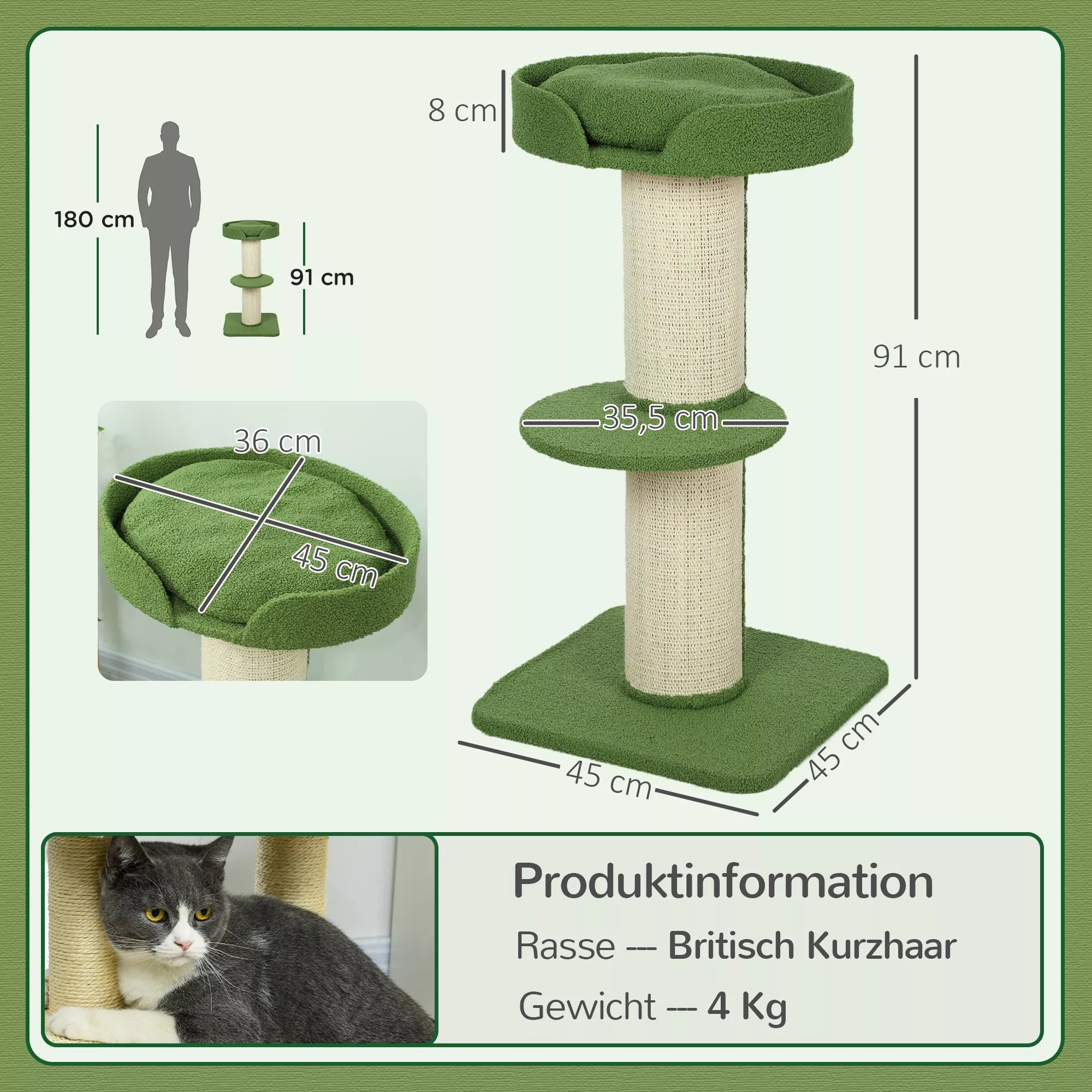 Katės draskyklė su gultu 91 cm žalia