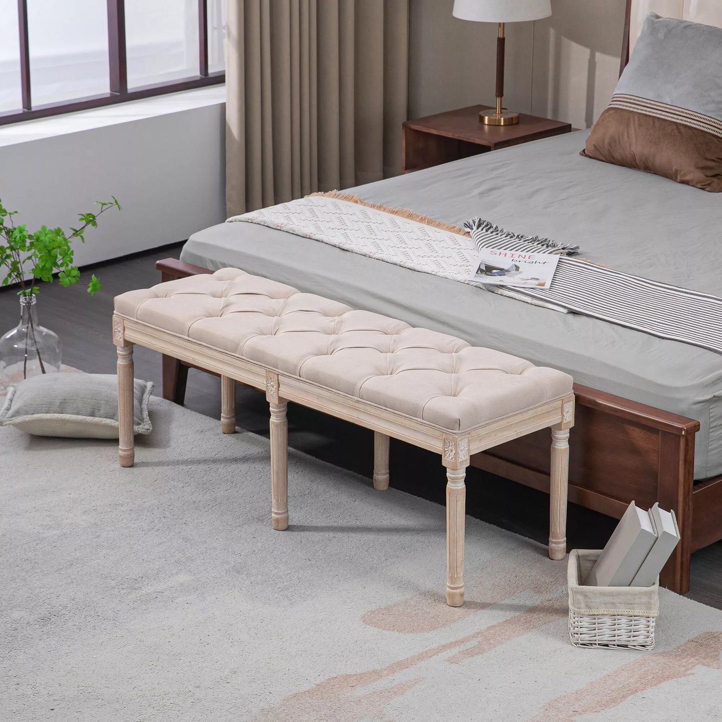 HOMCOM Vintažinio dizaino suolas, sagčių dygsniavimas, tekintos kojelės, Shabby Chic stilius, kreminė + balta spalva