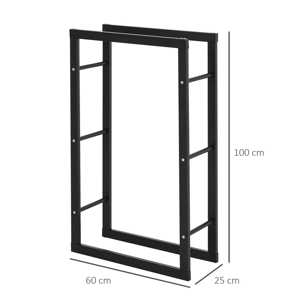 Metalinė malkų lentynėlė 60 x 25 x 100 cm Malkų lentynėlė Stiprinimo pagalba Plieninis rėmas iki 100 kg Malkų laikymo vieta Lauko medinė lentynėlė Malkų lentynėlė sodui Terasai Lauko Juoda
