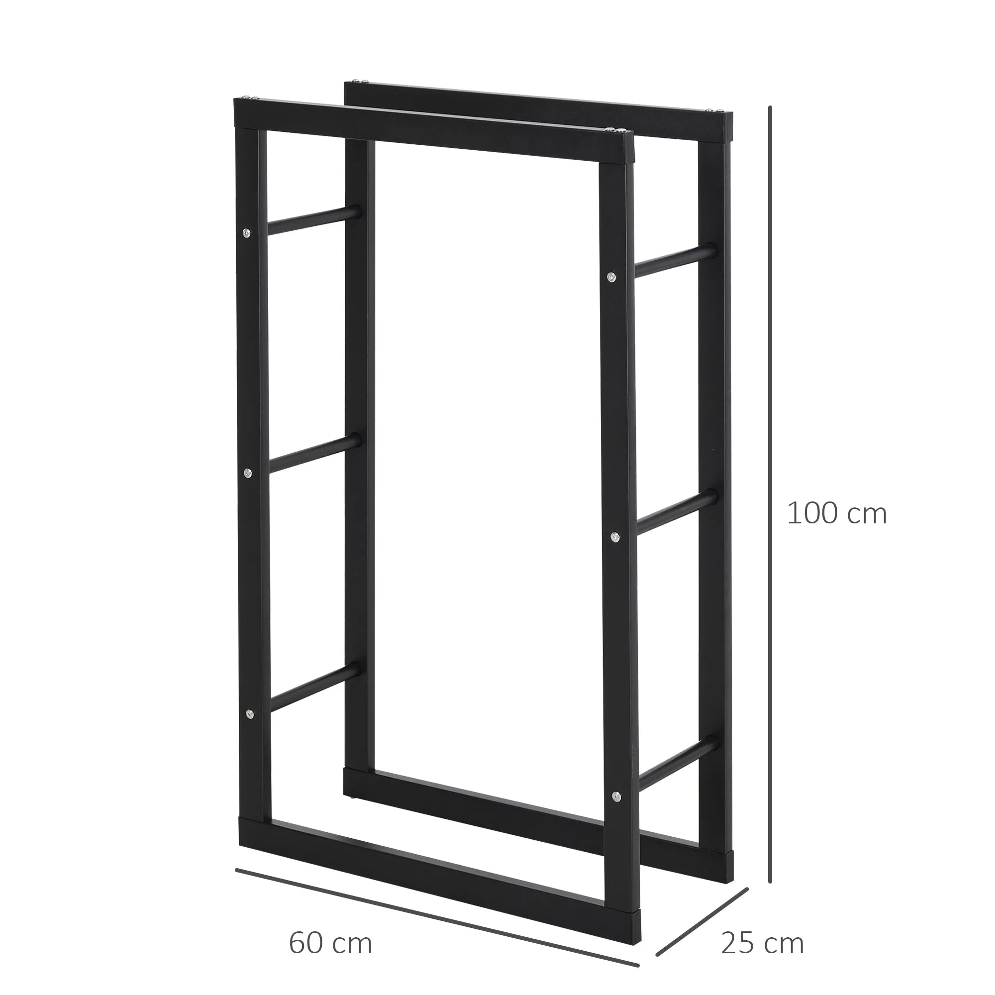 Metalinė malkų lentynėlė 60 x 25 x 100 cm Malkų lentynėlė Stiprinimo pagalba Plieninis rėmas iki 100 kg Malkų laikymo vieta Lauko medinė lentynėlė Malkų lentynėlė sodui Terasai Lauko Juoda