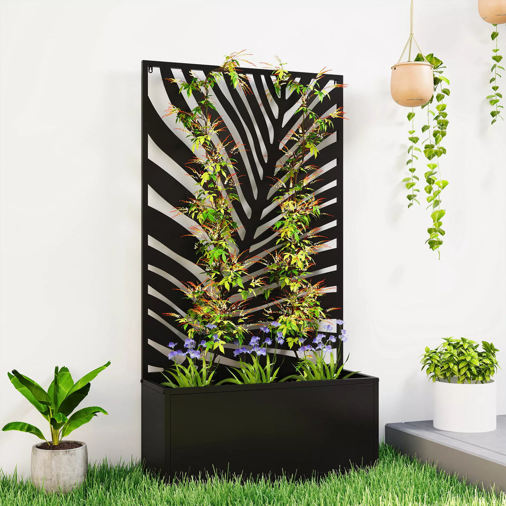 Metalinė pakelta lysvė su sienele, metalinis vazonas su grotelėmis, plienas, 61x23x113 cm, juoda