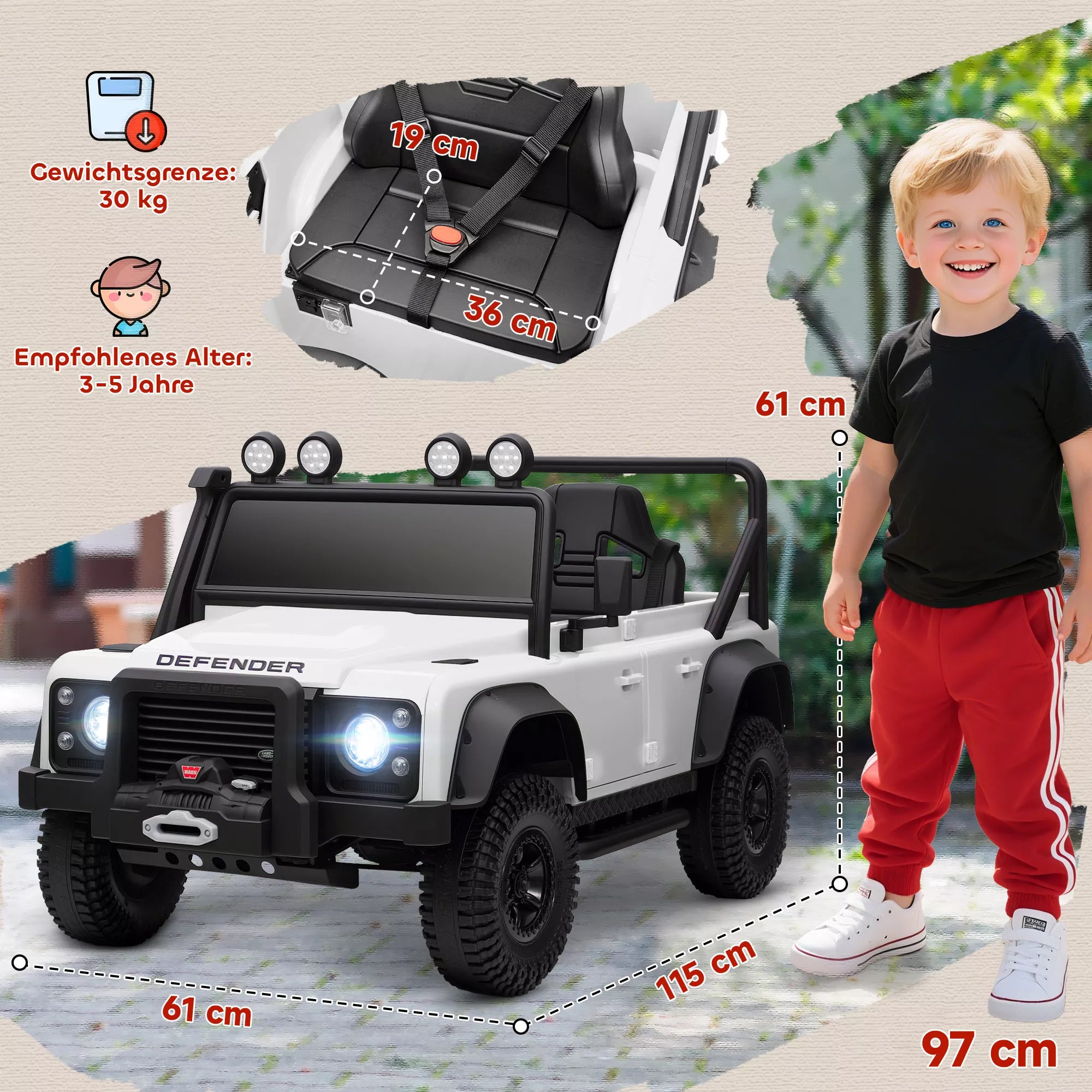 Matmenų schema: baltas Land Rover Defender elektromobilis 110 cm ilgas, 69 cm pločio, 61 cm aukštas