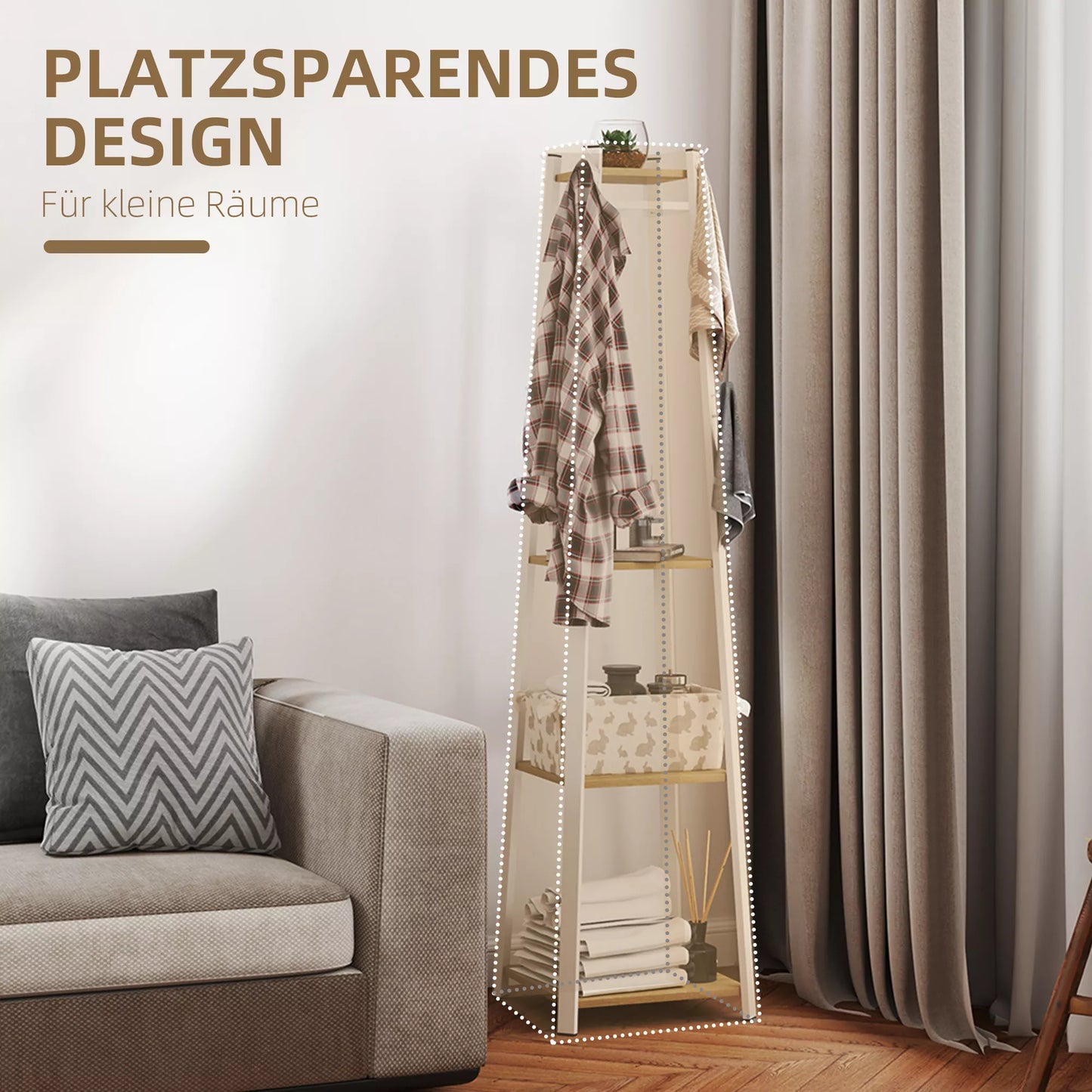 Drabužių kabykla, trapecijos dizainas, trijų pakopų, 8 dvigubi kabliukai, plienas, balta + ąžuolas