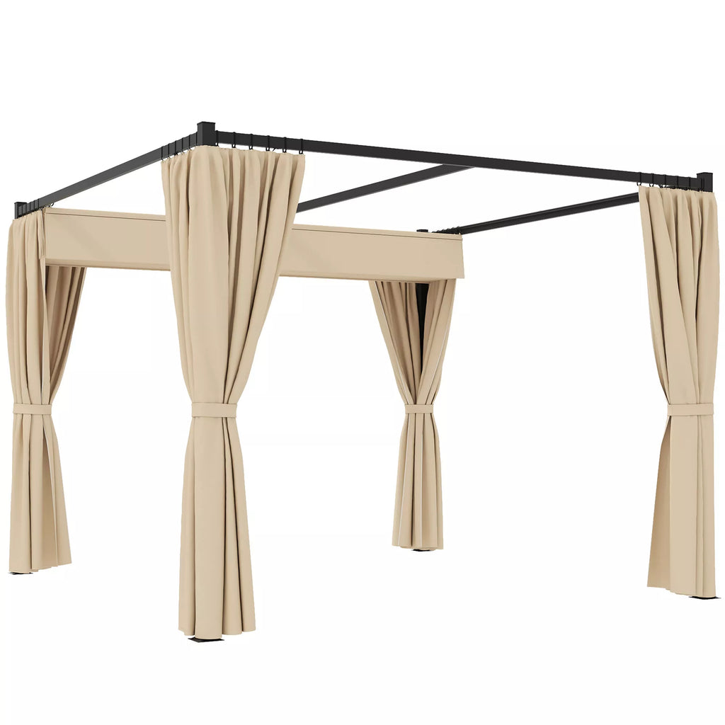 Pergola 3 x 3 m Atskirai stovinti terasos stogelė su stumdomu stogu, 4 šoninės sienos, atspari UV spinduliams, smėlio spalvos