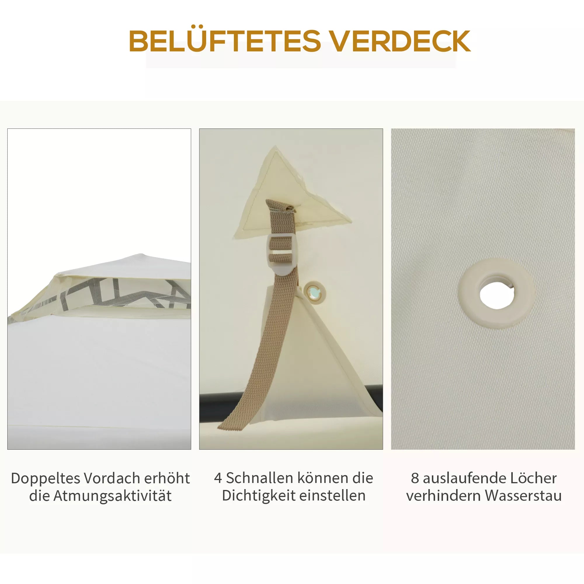 Paviljonas su dvigubu stogu, apie 3x3 m. Neperšlampamas, stabilus, atsparus žiemos sąlygoms sodo paviljonas su moskitine tinklele, šoninėmis dalimis, metalinis sodo paviljonas, skirtas sodui, terasai, kreminės baltos spalvos.