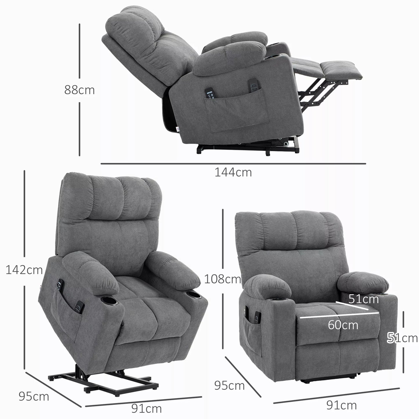 HOMCOM pagyvenusių žmonių fotelis su pagalba atsistojant, gulima padėtis, su pulteliu, 144 cm x 91 cm x 88 cm, pilkos spalvos