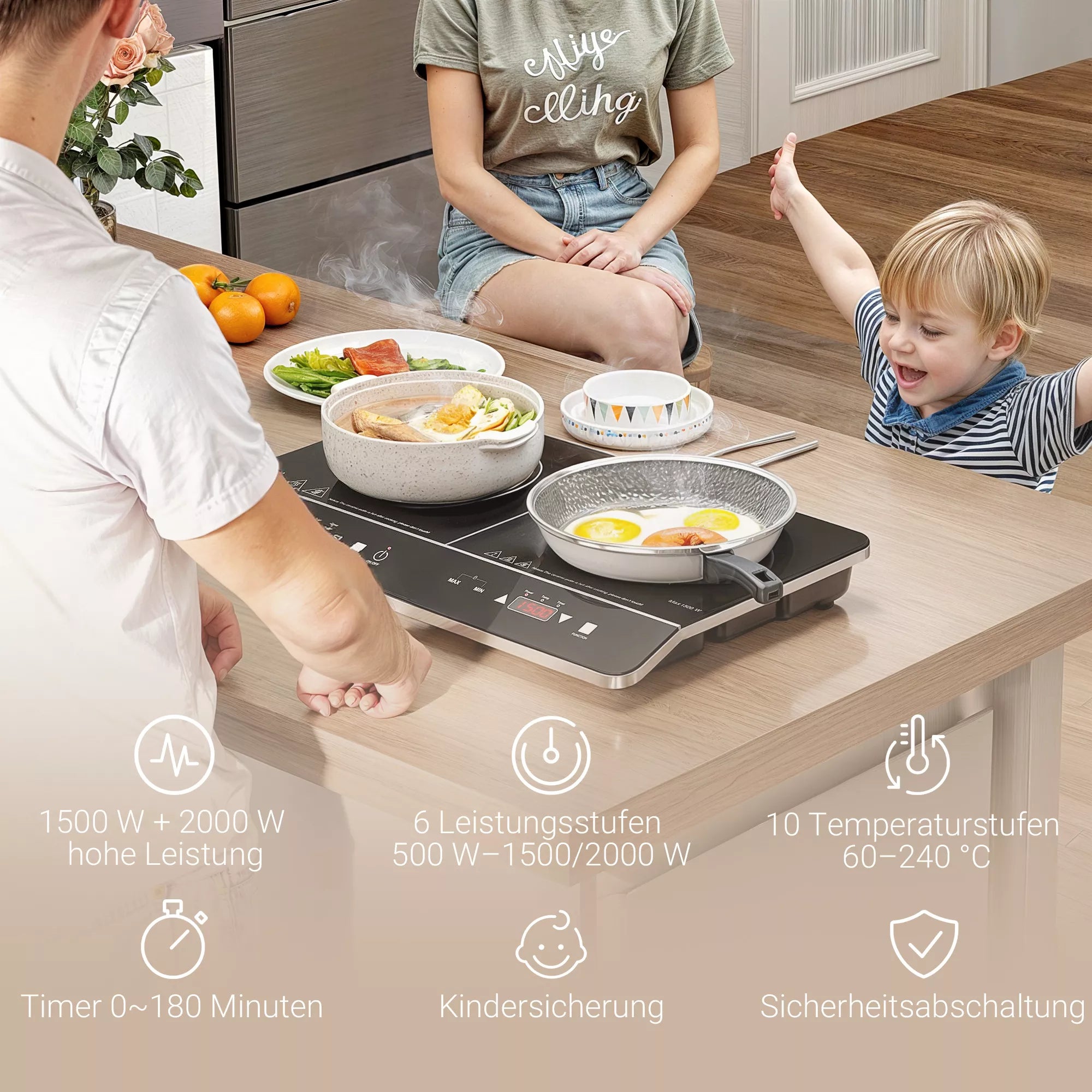 Nešiojama indukcinė kaitlentė, 10 lygių temperatūros reguliavimas, lietimatinis skydelis, juoda
