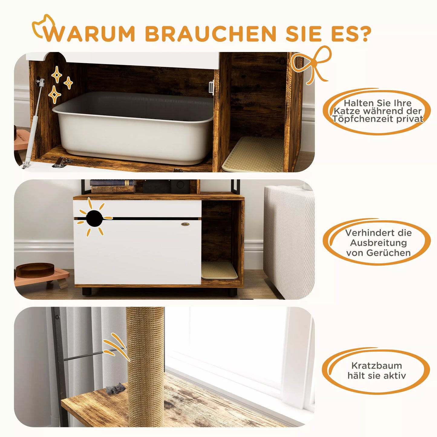 Uždaras kačių tualetas su 3 lygių lentyna ir draskykle, 80 x 48 x 152 cm, ruda