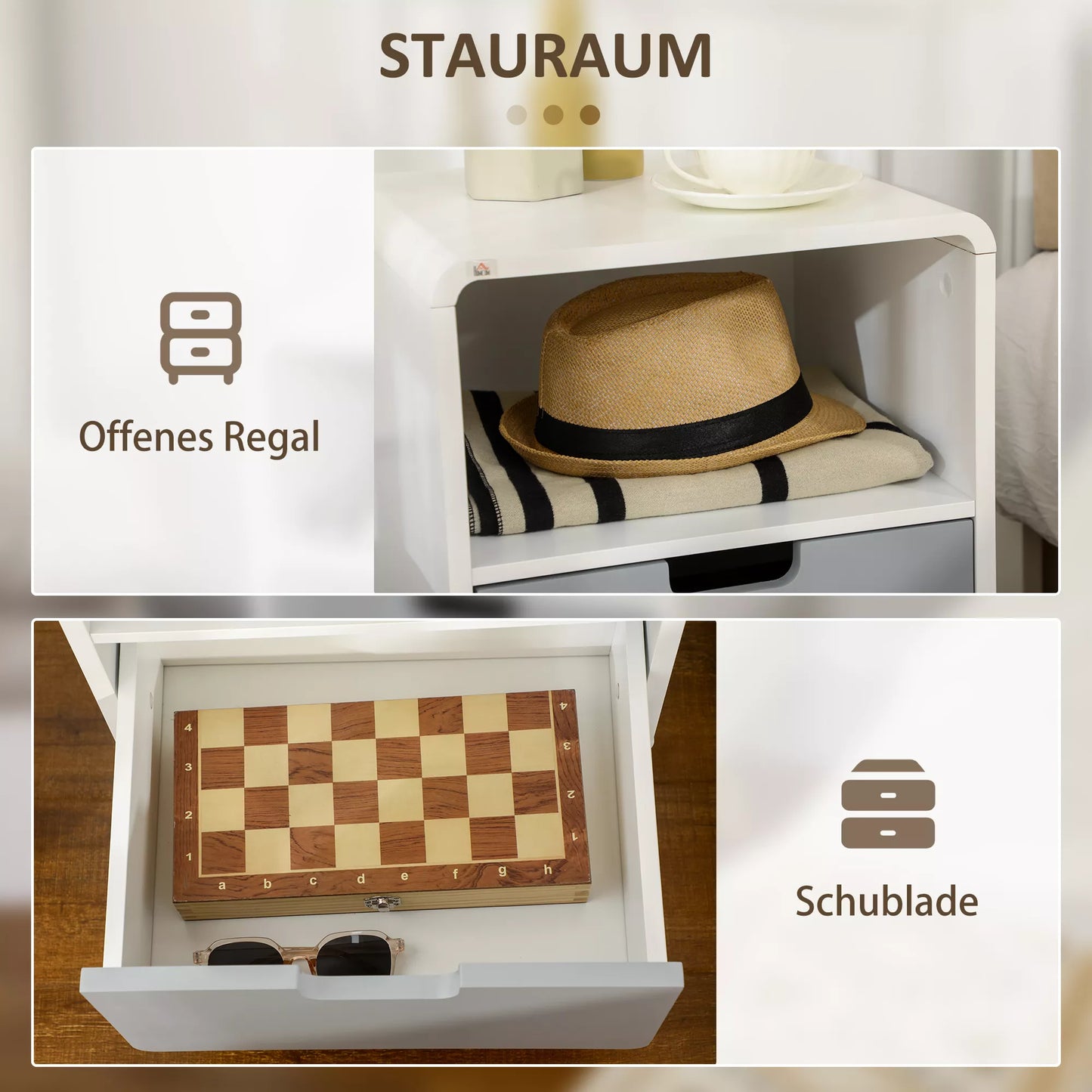 Naktinis staliukas, skandinaviško dizaino, su didele stalčiumi, vandeniui atsparus lakas, 40 x 38 x 58 cm, Balta