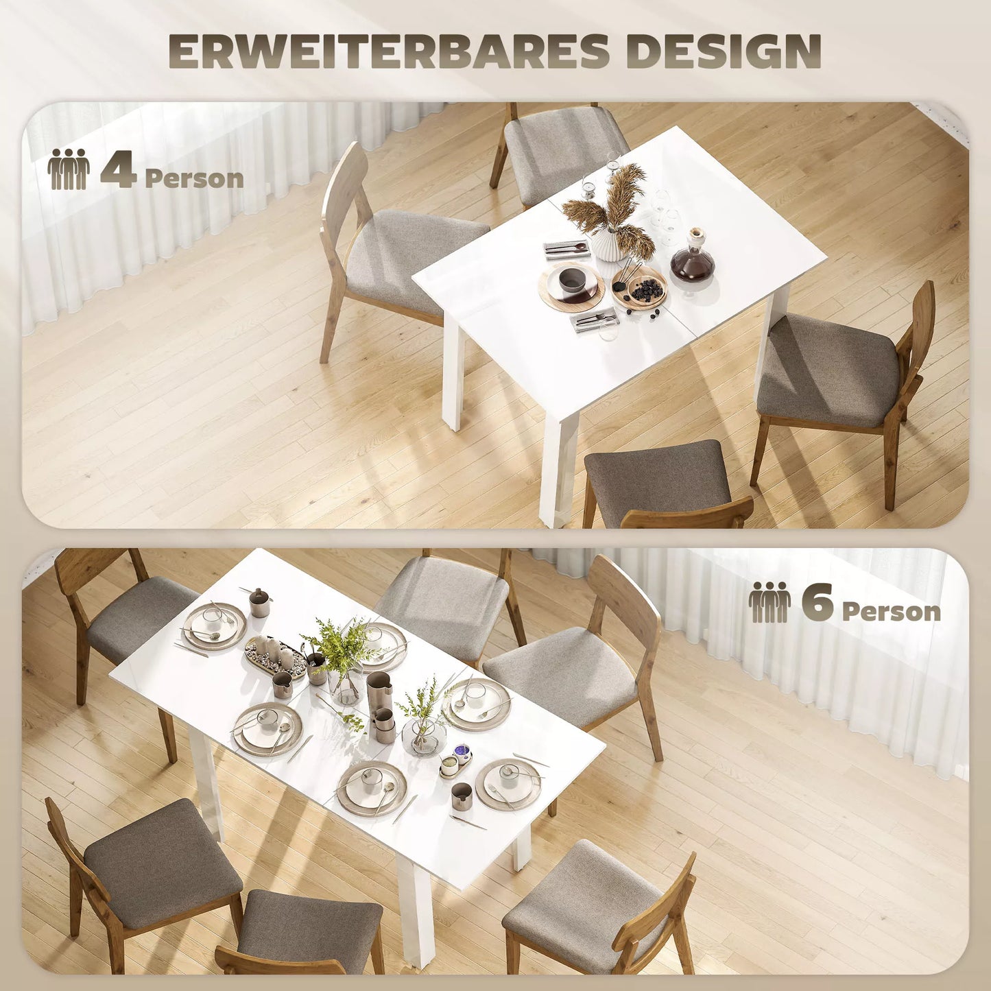 Išlankstomas valgomojo stalas, 120-160 x 70 cm, reguliuojamas virtuvės stalas 4-6 žmonėms, MDF, baltas blizgus