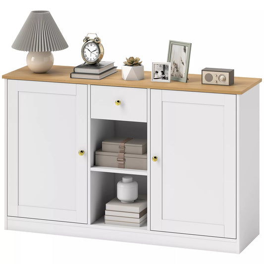 Virtuvinė komoda, sideboard'as su stalčiumi, spintelėmis, lentynomis, iš MDP, balta