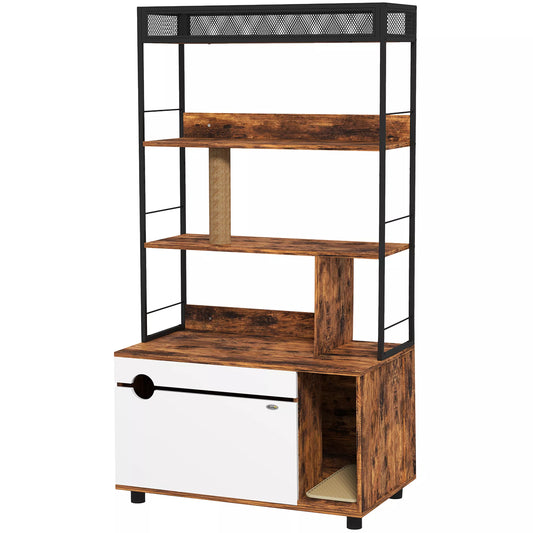 Uždaras kačių tualetas su 3 lygių lentyna ir draskykle, 80 x 48 x 152 cm, ruda