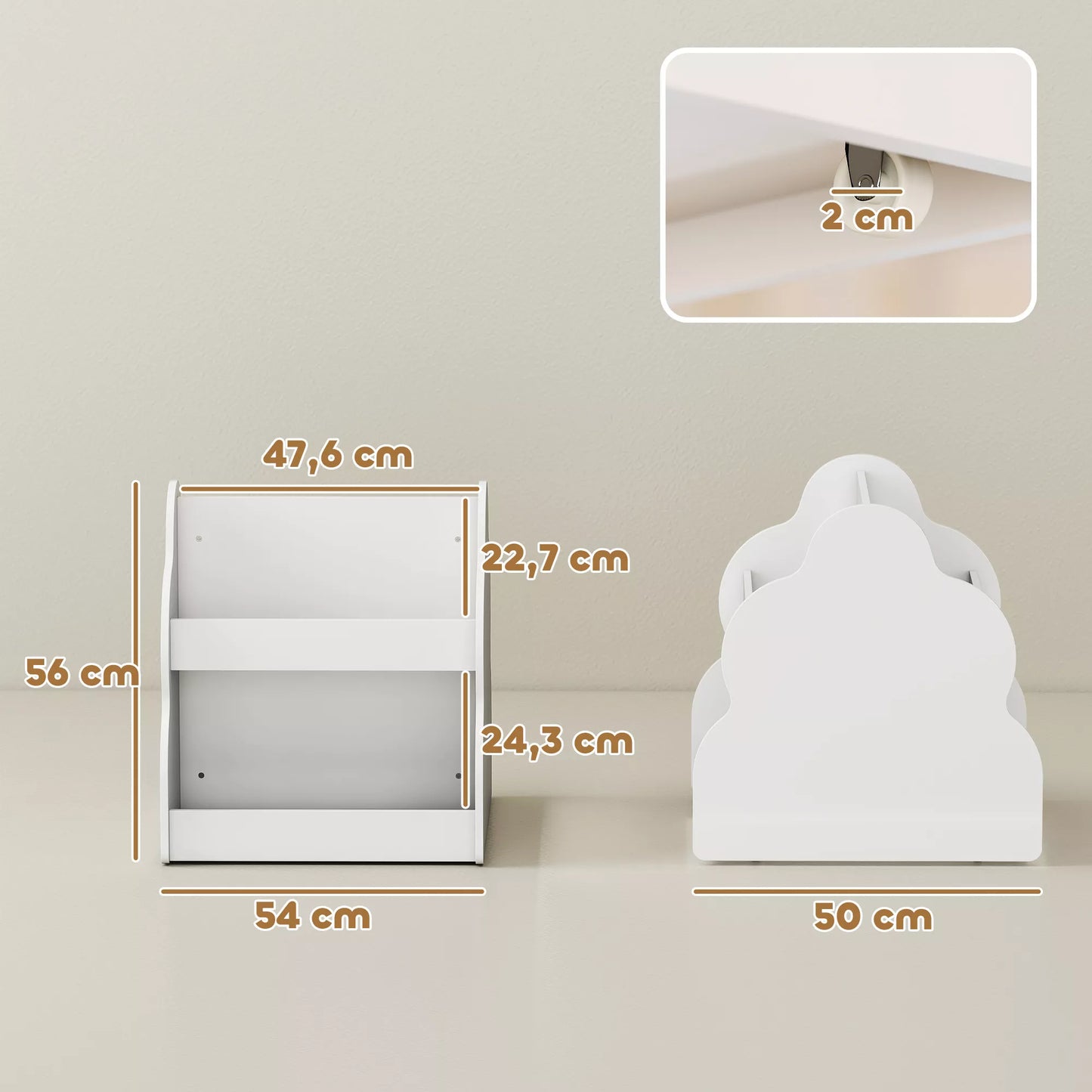 Vaikiška knygų lentyna, 2 aukštų vaikiška knygų lentyna su ratukais, 4 lentynos, skirta vaikų darželiui, žaidimų kambariui, 54x50x56 cm, balta