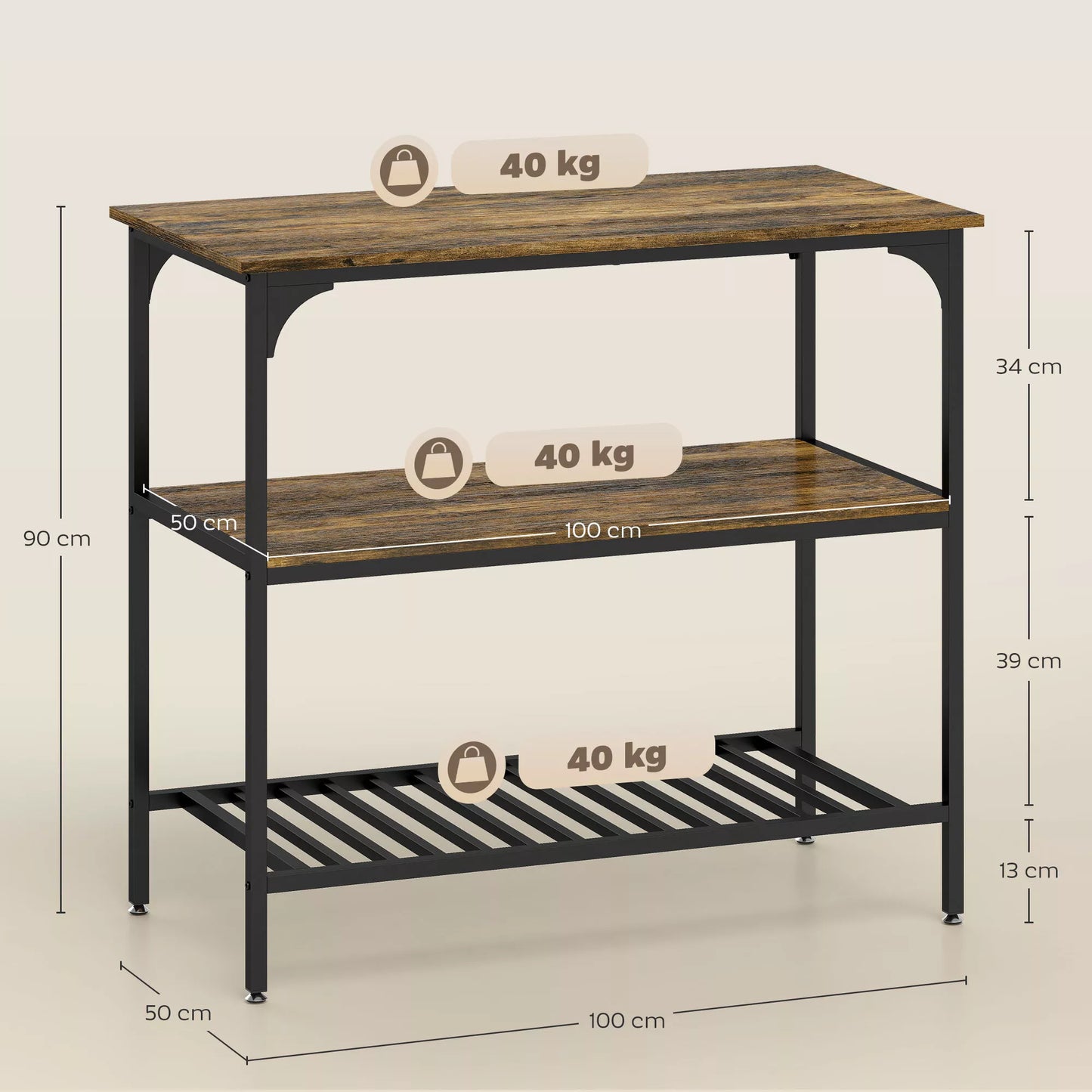 Virtuvės lentyna, 3 pakopų su plieniniu rėmu, rustiška ruda+juoda