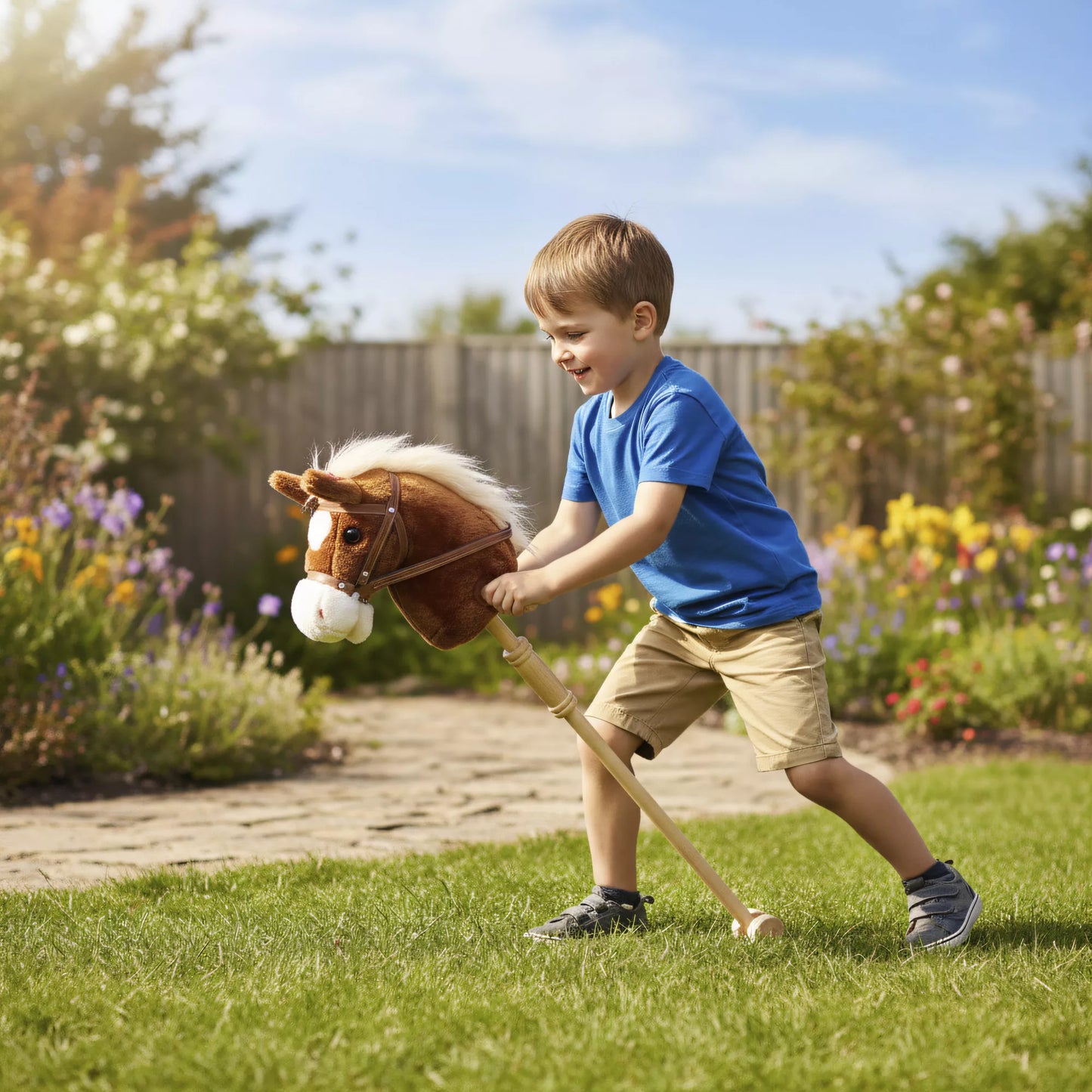 Arkliukas vaikams su garsu, rankenomis, ratuku, jojimo arkliukas vaikams nuo 24 mėn., rudas