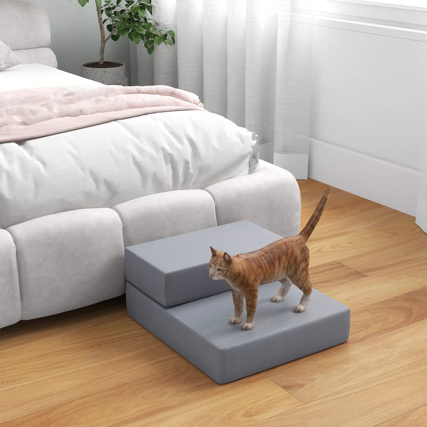 Naminių gyvūnų laiptai Gyvūnų kilimėlis 2 pakopos Sulankstomas iki 7 kg Šunų laiptai Laiptai Kilimėlis katėms ir šunims Pilkos spalvos L45 x B39 x H20 cm