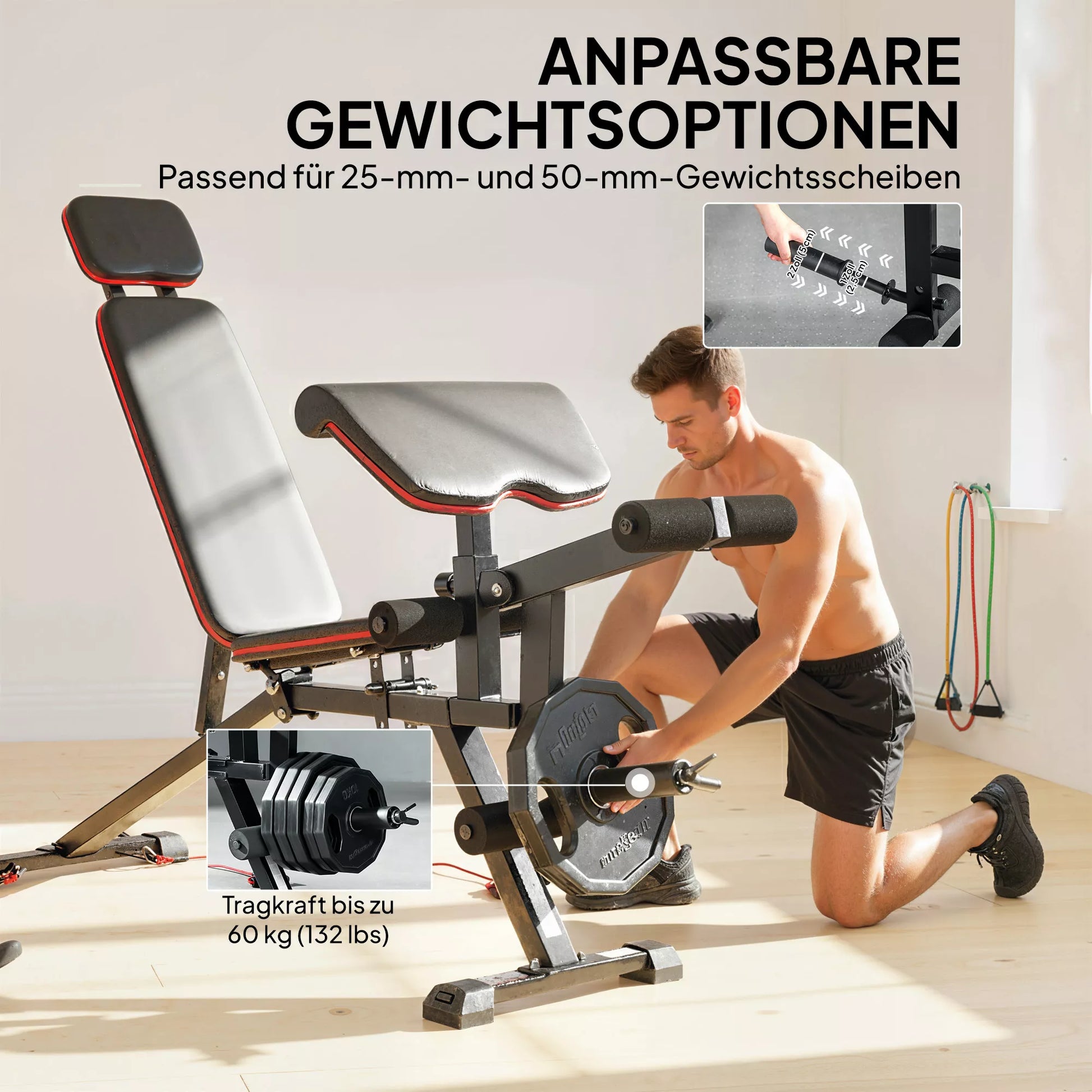 Reguliuojamas hantelų suolas iki 300 kg 3 in 1 treniruočių suolas su ratukais Kojų tiesimo įrenginys Curlpult Galvos atrama Atsparumo juostos