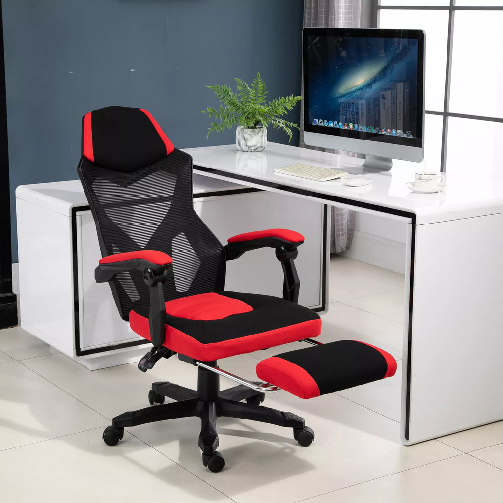 Ergonomiška biuro kėdė, žaidimų kėdė, sukiojama kėdė su atrama kojoms, kompiuterio kėdė, vadovo kėdė,  reguliuojamo aukščio, poliesteris, juoda + raudona, 58 x 63 x 112–122 cm
