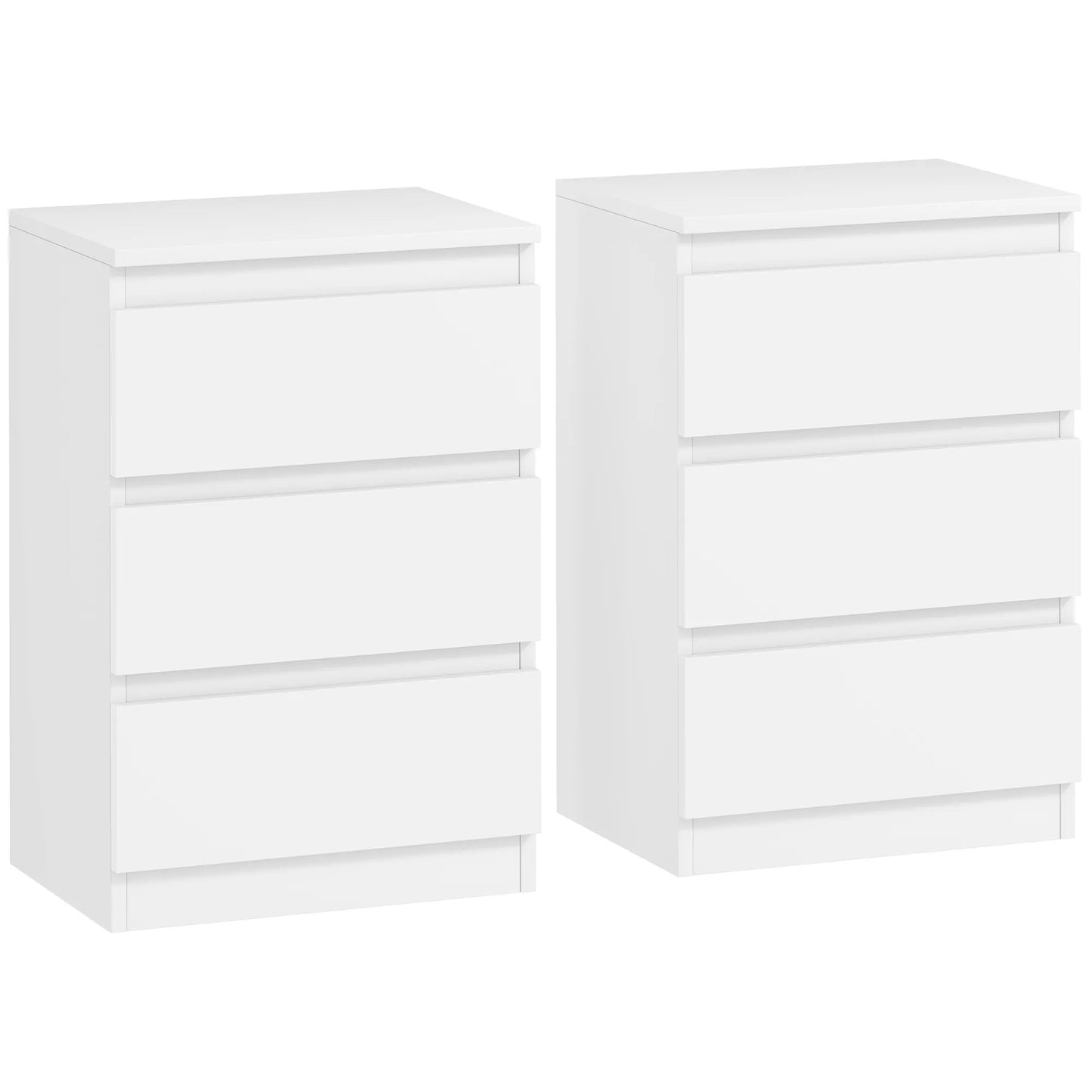 Naktiniai staleliai 2 vnt. komplekte, 3 stalčiai, beranktis dizainas, medžio imitacijos, balti