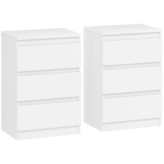 Naktiniai staleliai 2 vnt. komplekte, 3 stalčiai, beranktis dizainas, medžio imitacijos, balti