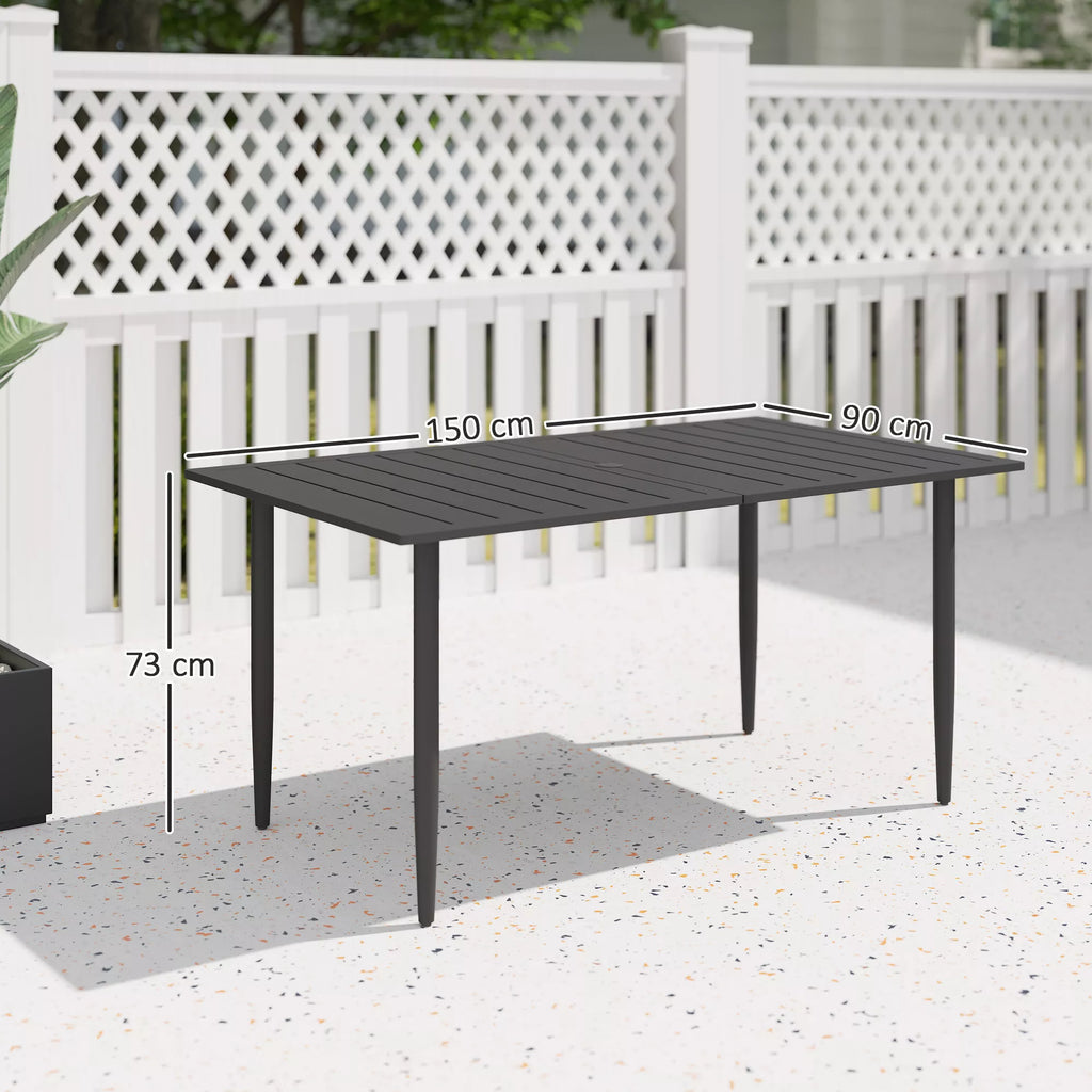 Sodo stalas 150x90 cm, atsparus atmosferos poveikiui, balkono stalas iš plieno, balkono stalas su skėčio skyle, juodos spalvos