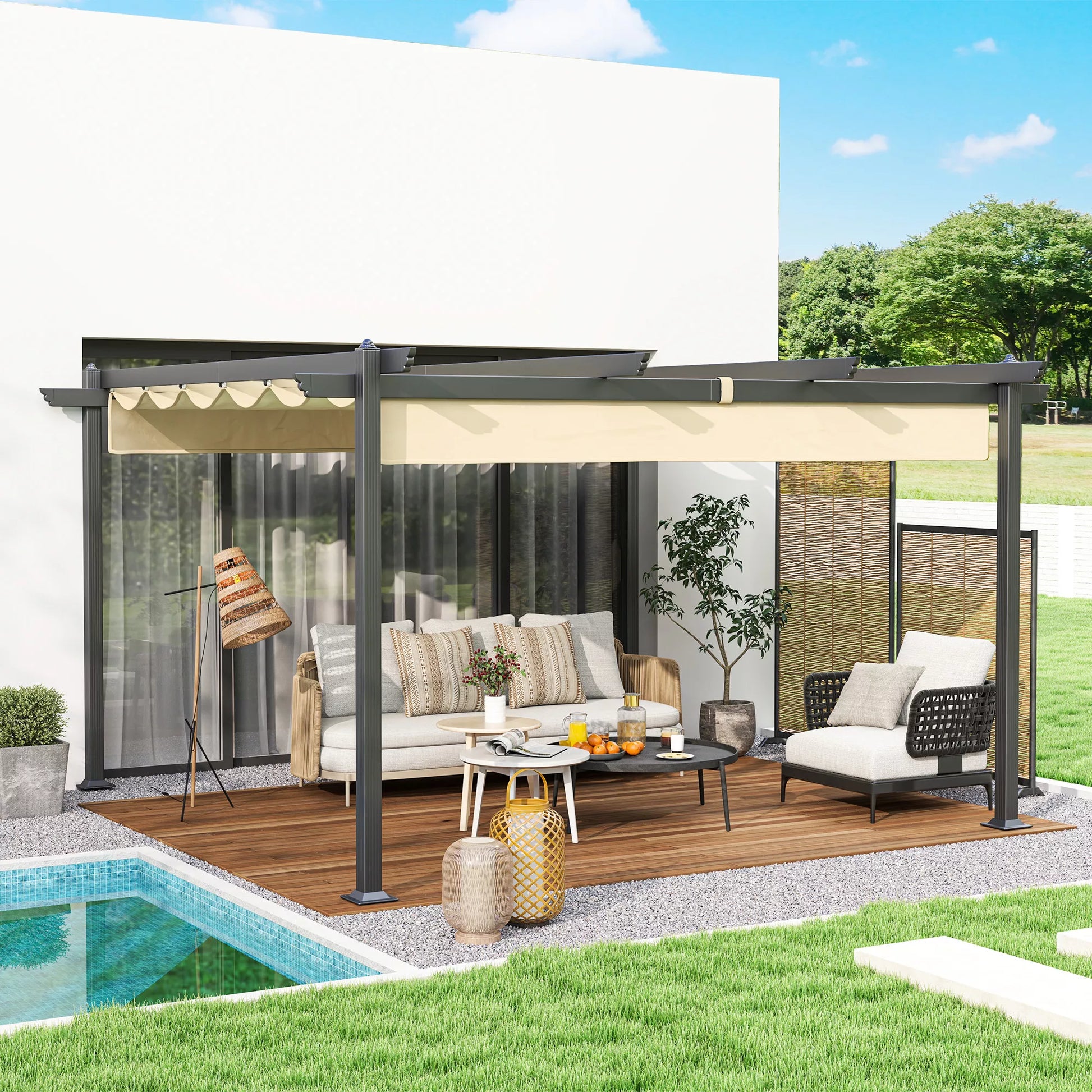 Reguliuojama sodo pergola, paviljonas su aliuminio rėmu, lauko baldakimas, skirtas sodui, balkonui, terasai, smėlio spalvos
