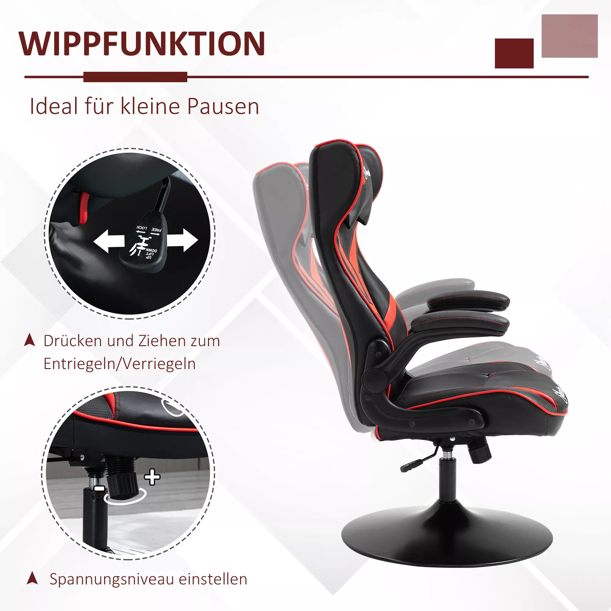 Vinsetto Ergonomiška žaidimų kėdė, kompiuterio kėdė su svyravimo funkcija, reguliuojamo aukščio, plieninė, juoda+raudona 67 x 70 x 106-112 cm