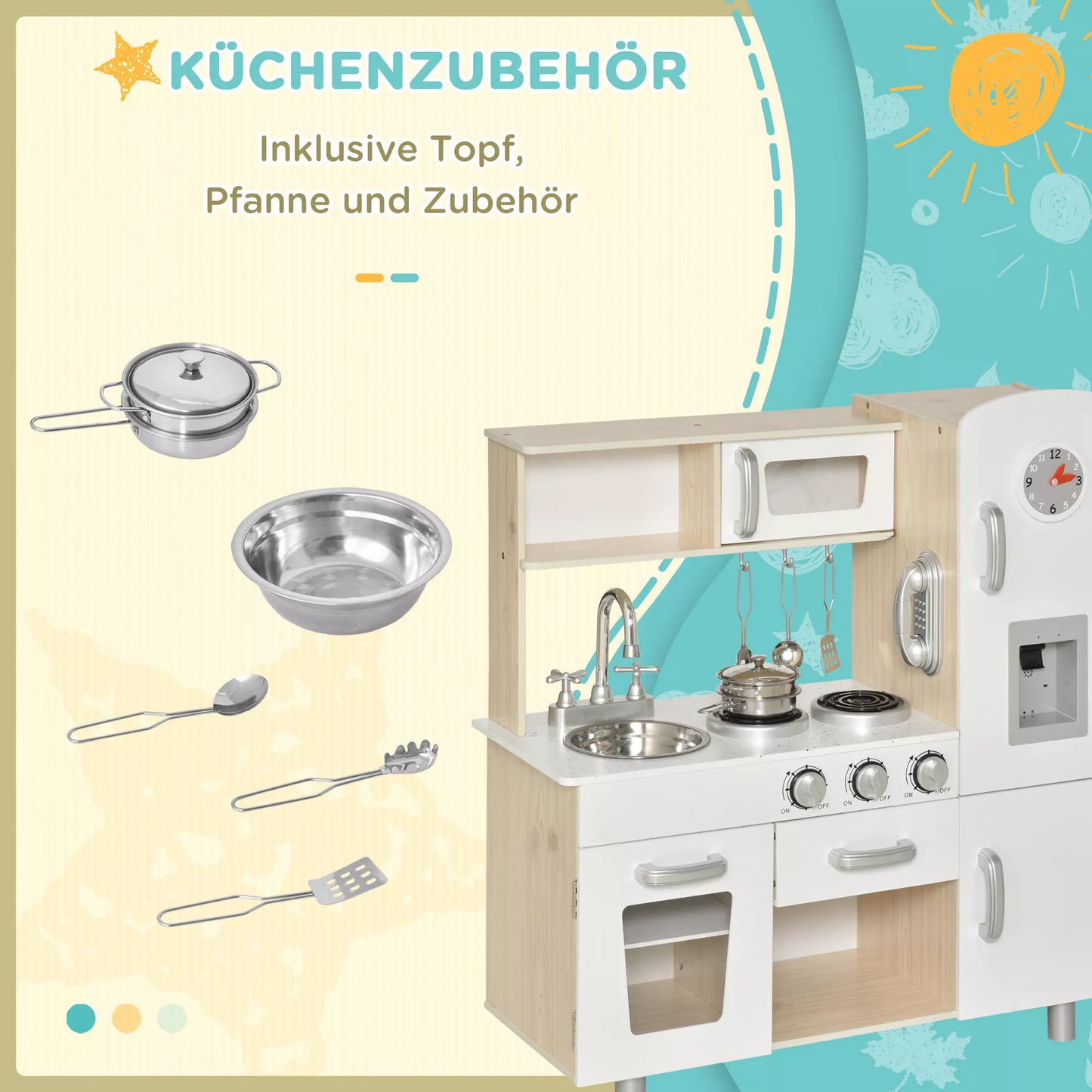 Vaikų virtuvėlė su priedais, svajonių virtuvėlė, žaidimų virtuvėlė, žaislinė virtuvėlė vaikams nuo 3 metų, pušies mediena, MDF, balta, 74 x 30 x 81 cm