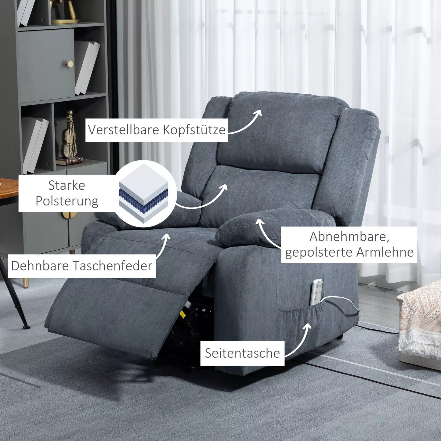 HOMCOM Pakeliamasis krėslas, poilsio fotelis, su gulėjimo funkcija, su nuotolinio valdymo pultu, aksomo išvaizda, pilkas, 92 x 93 x 105 cm
