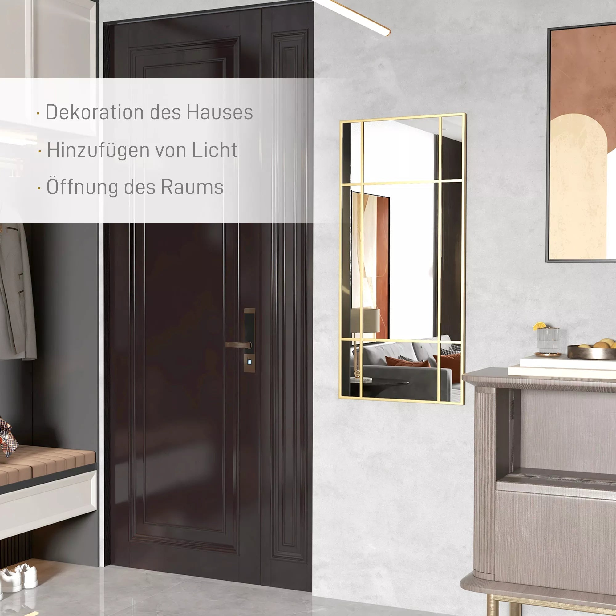 Sieninis veidrodis, dekoratyvinis veidrodis su metaliniu rėmu, auksinės spalvos juostelės, daugiasluoksnis stiklas, 110B x 2T x 50H cm