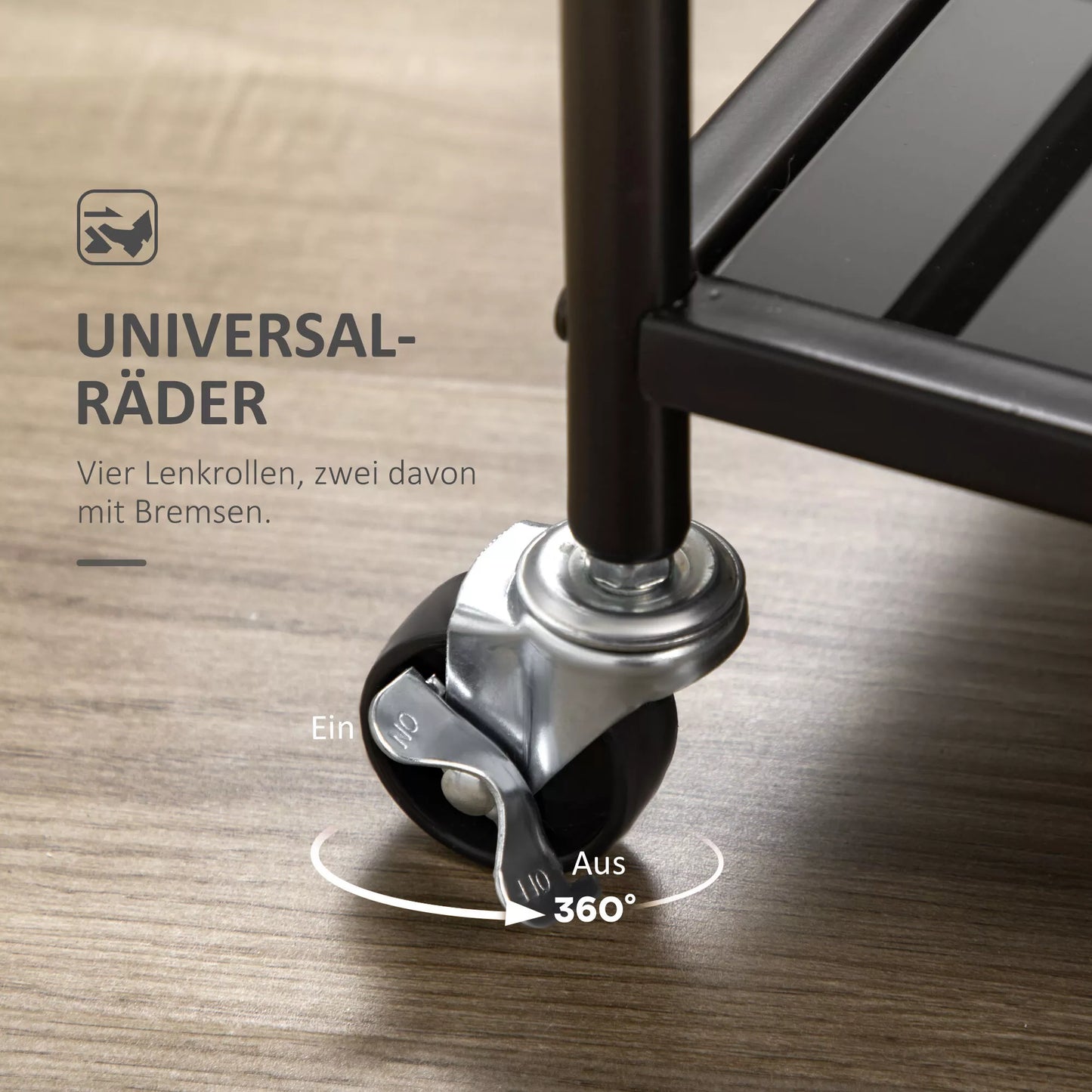 Juodas virtuvės vežimėlis su 4 ratukais, 2 lentynomis ir rankenomis, 75 cm x 40 cm x 80 cm