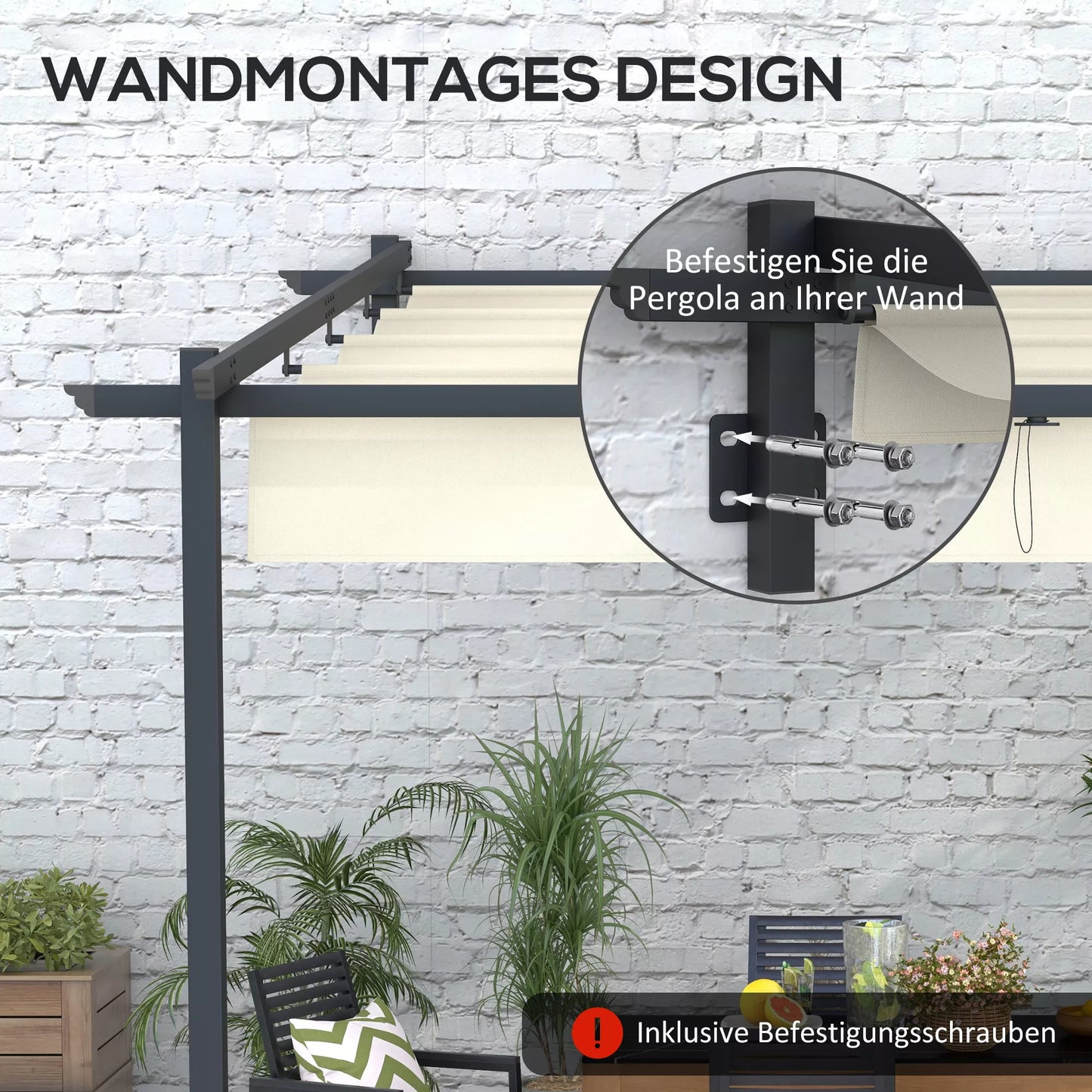 Sodo paviljonas 3 x 3 m, ištraukiamas stogas, montuojamas prie sienos, metalinis rėmas, kreminės baltos spalvos