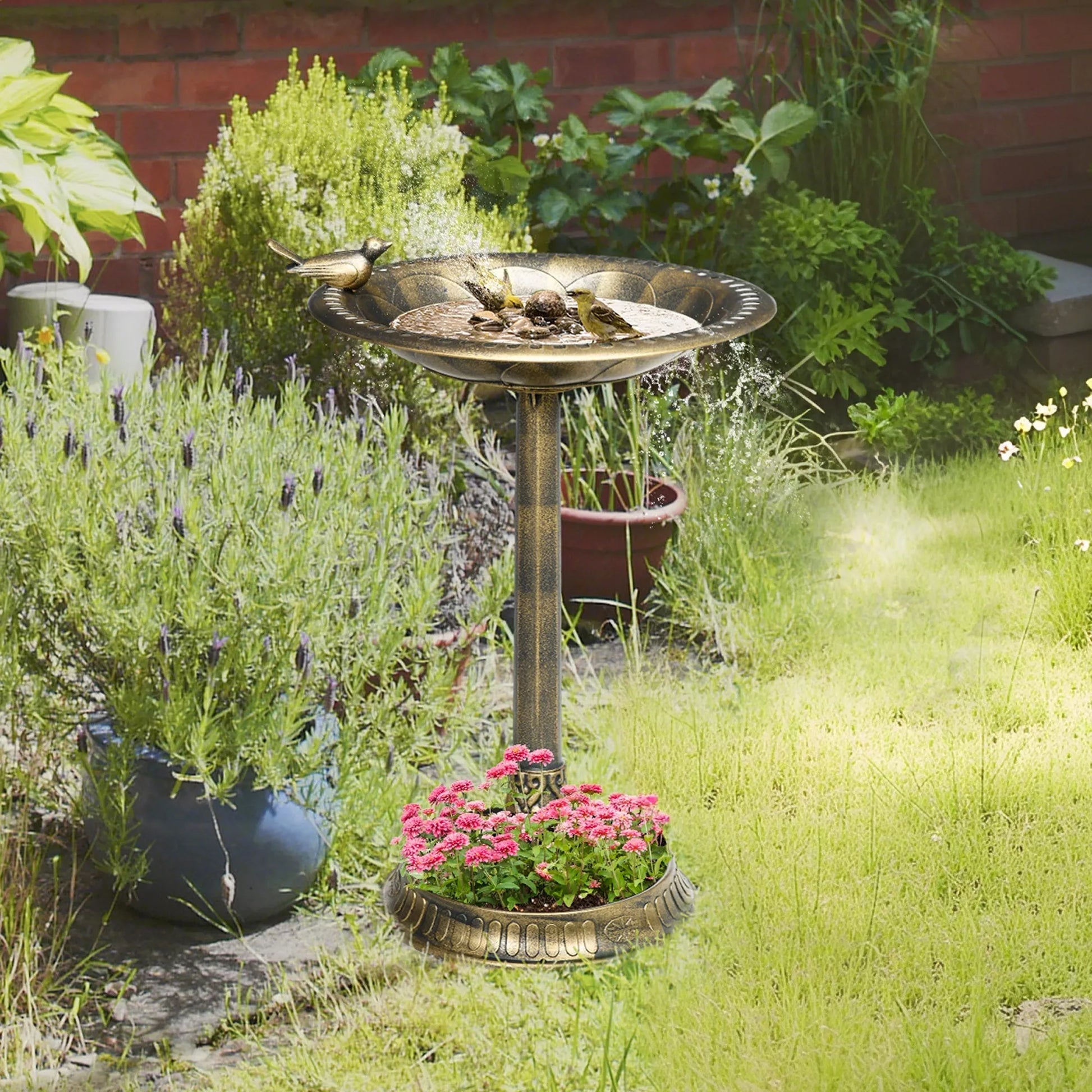 Paukščių girdykla, paukščių vonia su statulėle, gėlių motyvas, 2 baseinai, plastikas, senovinis stilius, 50B x 72H cm, bronzos spalvos