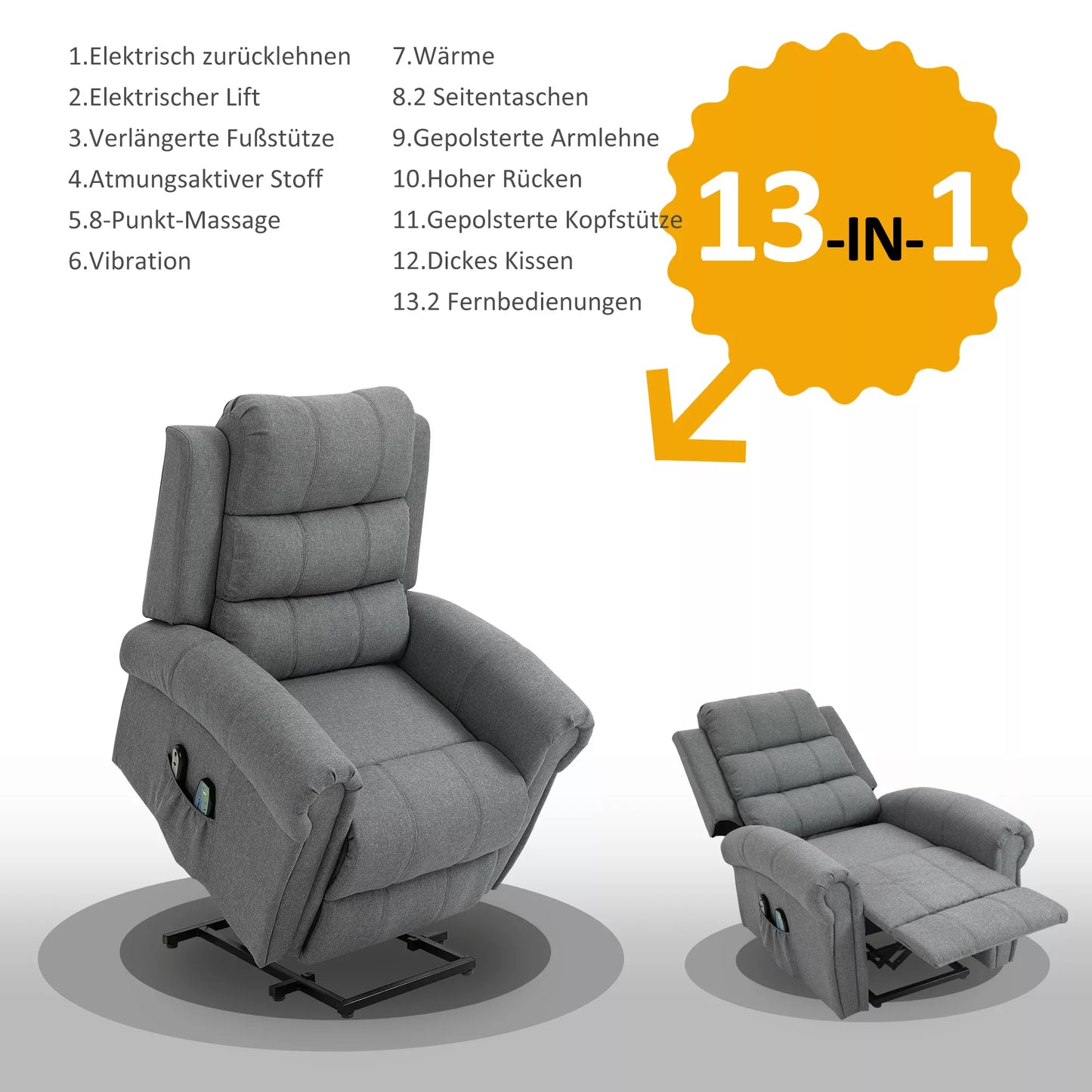 Elektrinis atsisėdimo fotelis, masažinis fotelis su šildymo funkcija, fotelis su pagalba atsisėsti, poilsio fotelis su nuotolinio valdymo pultu, linas, pilkas, 90 x 91 x 106 cm