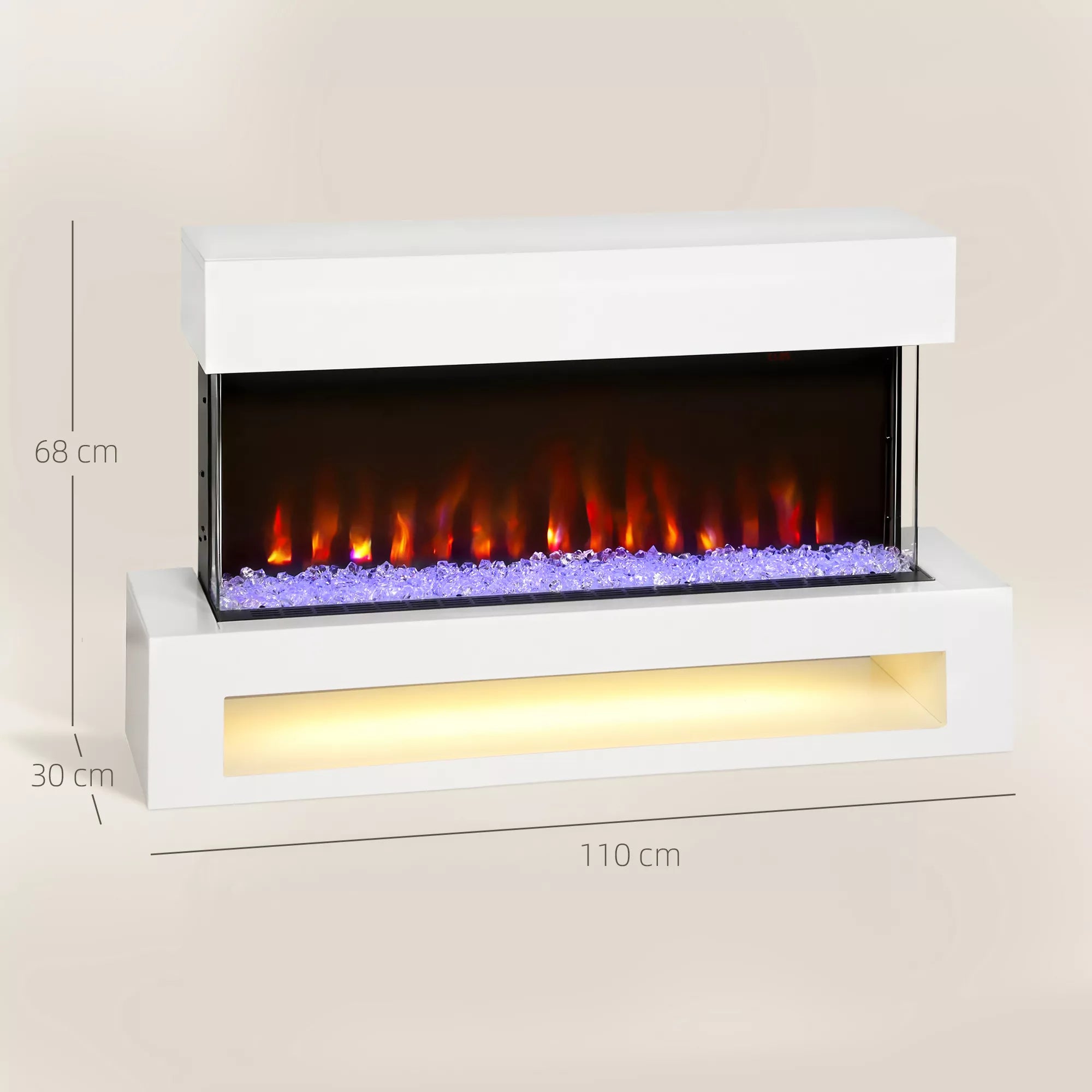 Elektrinis židinys su 11 liepsnos spalvų, 10 kristalų lovos spalvų, 1000 W/2000 W, nuotolinio valdymo pultas, universalus, baltas