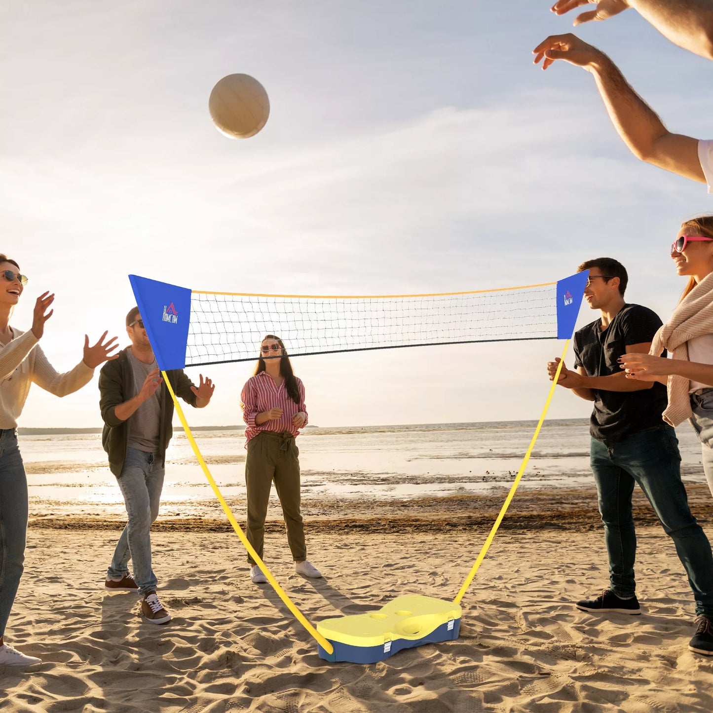 Badmintono tinklas su stovu, nešiojamas tinklo stovas, badmintono tinklas su 4 raketėmis, lauko sportui, geltonai-mėlynas, 286 x 33 x 157 cm